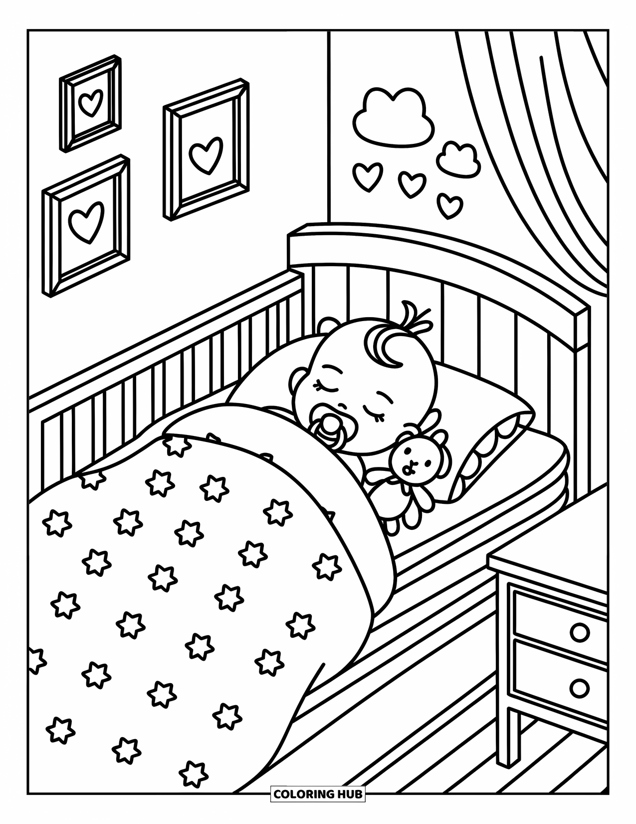 Dibujo para colorear de bebé para adultos: Una bebé dulce duerme pacíficamente con un conejito diminuto a su lado