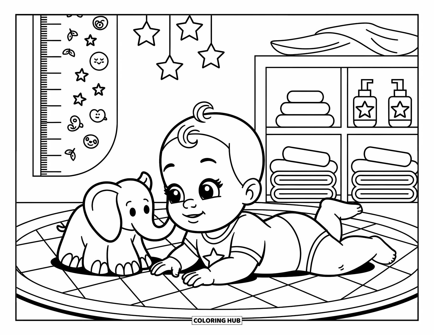 Dibujo para colorear de bebé para adultos: Una bebé diminuta está acostada boca abajo, hipnotizada por su suave juguete de elefante