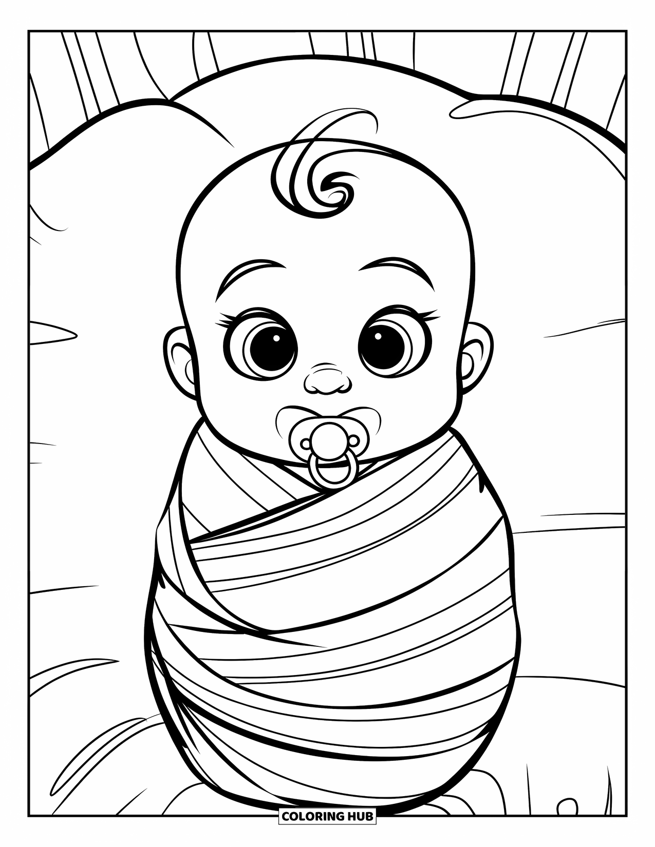 Dibujo para colorear de bebé para niños: Un bebé con ojos grandes y una manta de rayas descansa tranquilamente con contornos llamativos alrededor