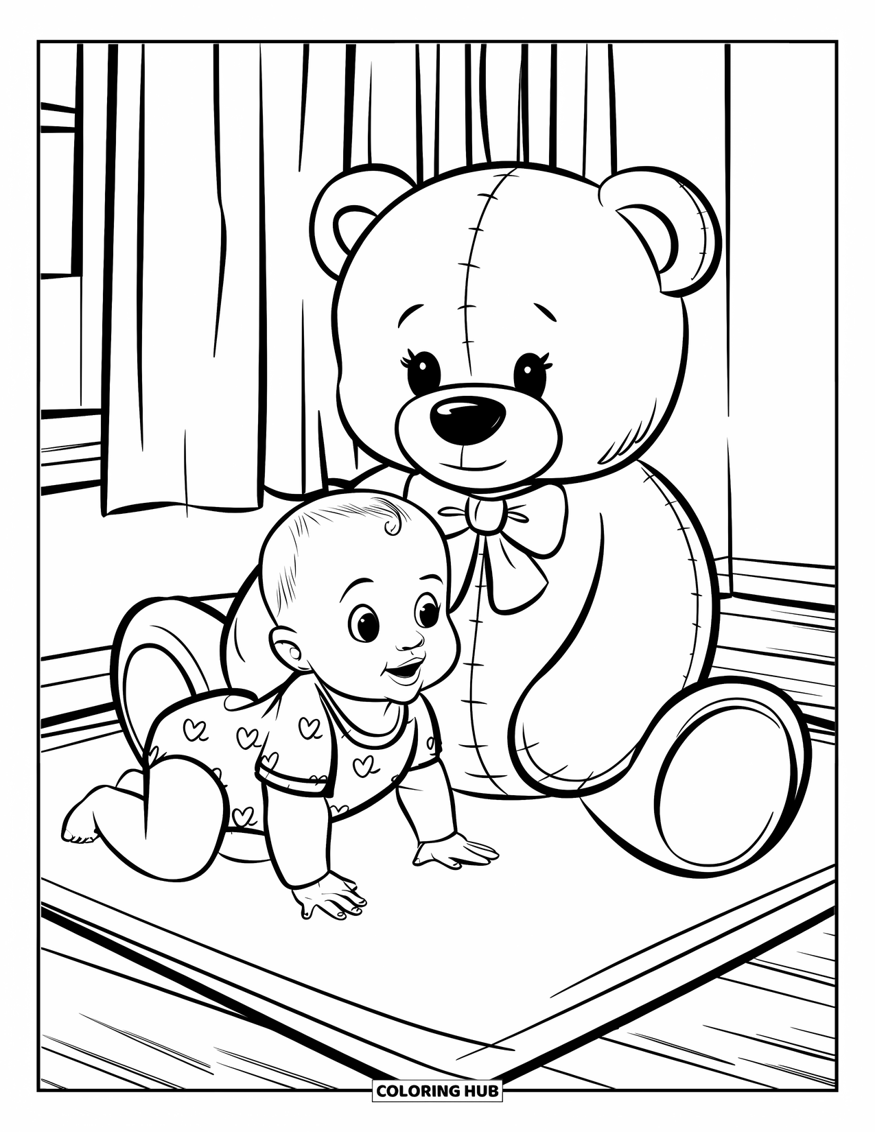 Dibujo para colorear de bebé para niños: Un bebé gatea junto a un oso de peluche gigante en una alfombra cómoda