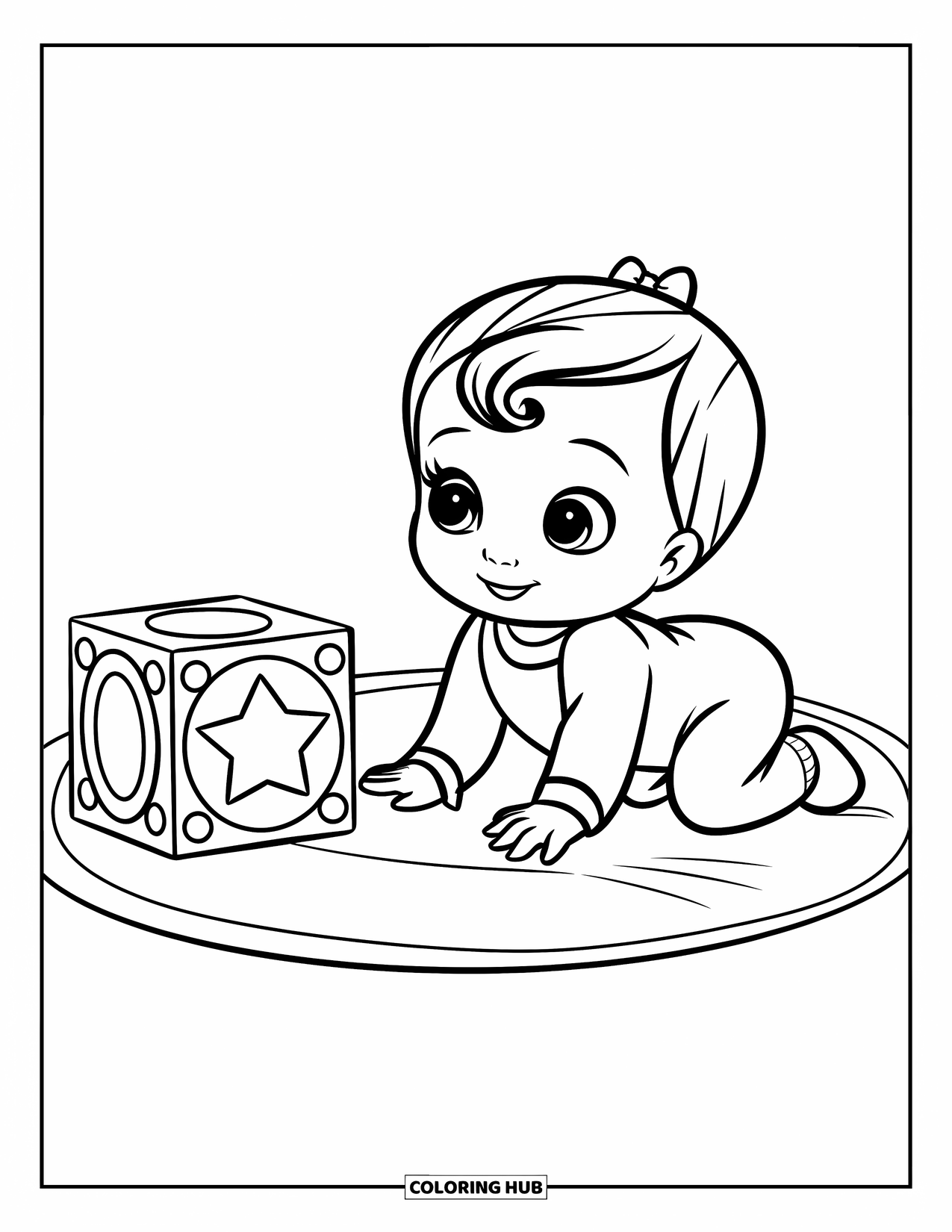 Dibujo para colorear de bebé para niños: Una bebé con un conjunto rosa y un lazo gatea sobre una alfombra cerca de un bloque marcado con una estrella