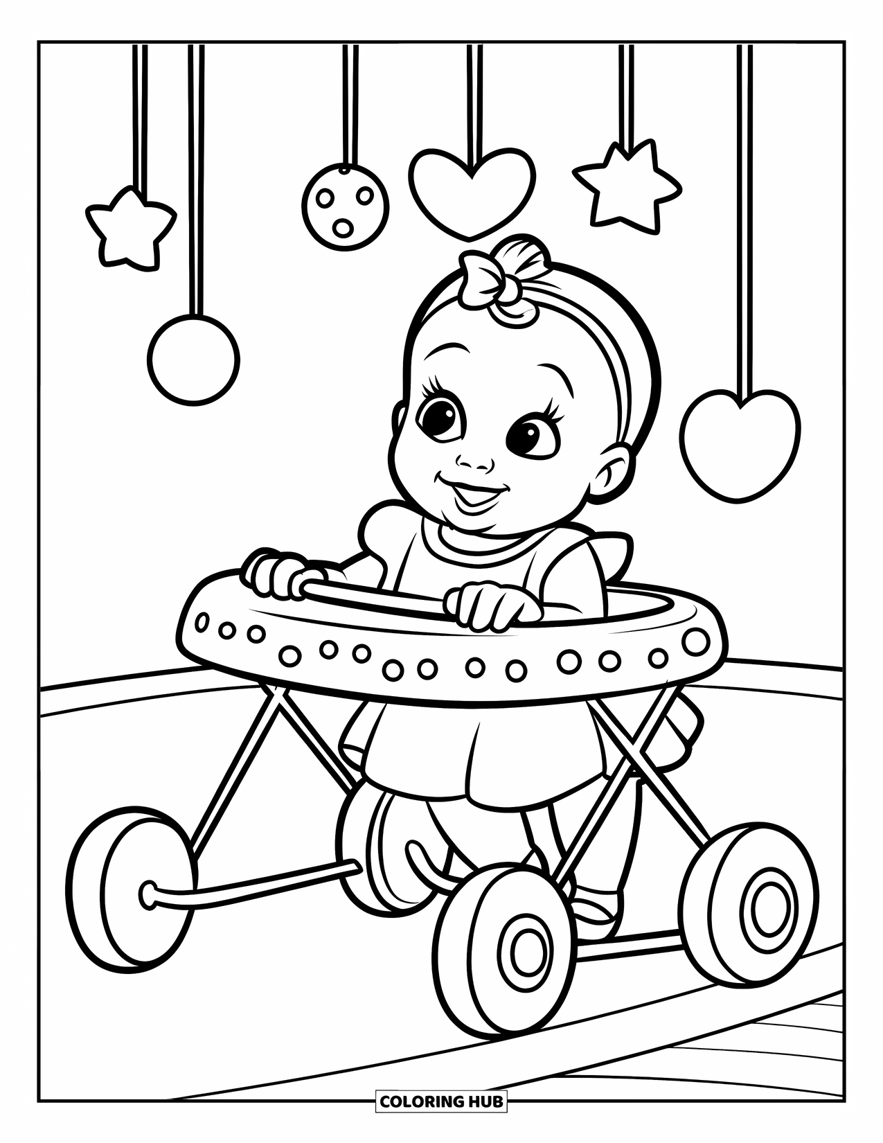 Dibujo para colorear de bebé para niños: Una bebé en un andador de lunares sonríe alegremente en un espacio blanco simple