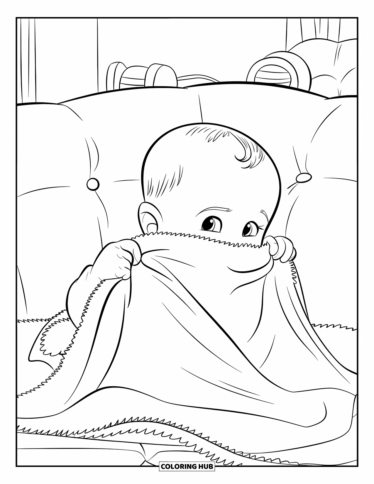 Dibujo para colorear de bebé para niños: Una bebé juega al cucú tras una manta suave en un sofá