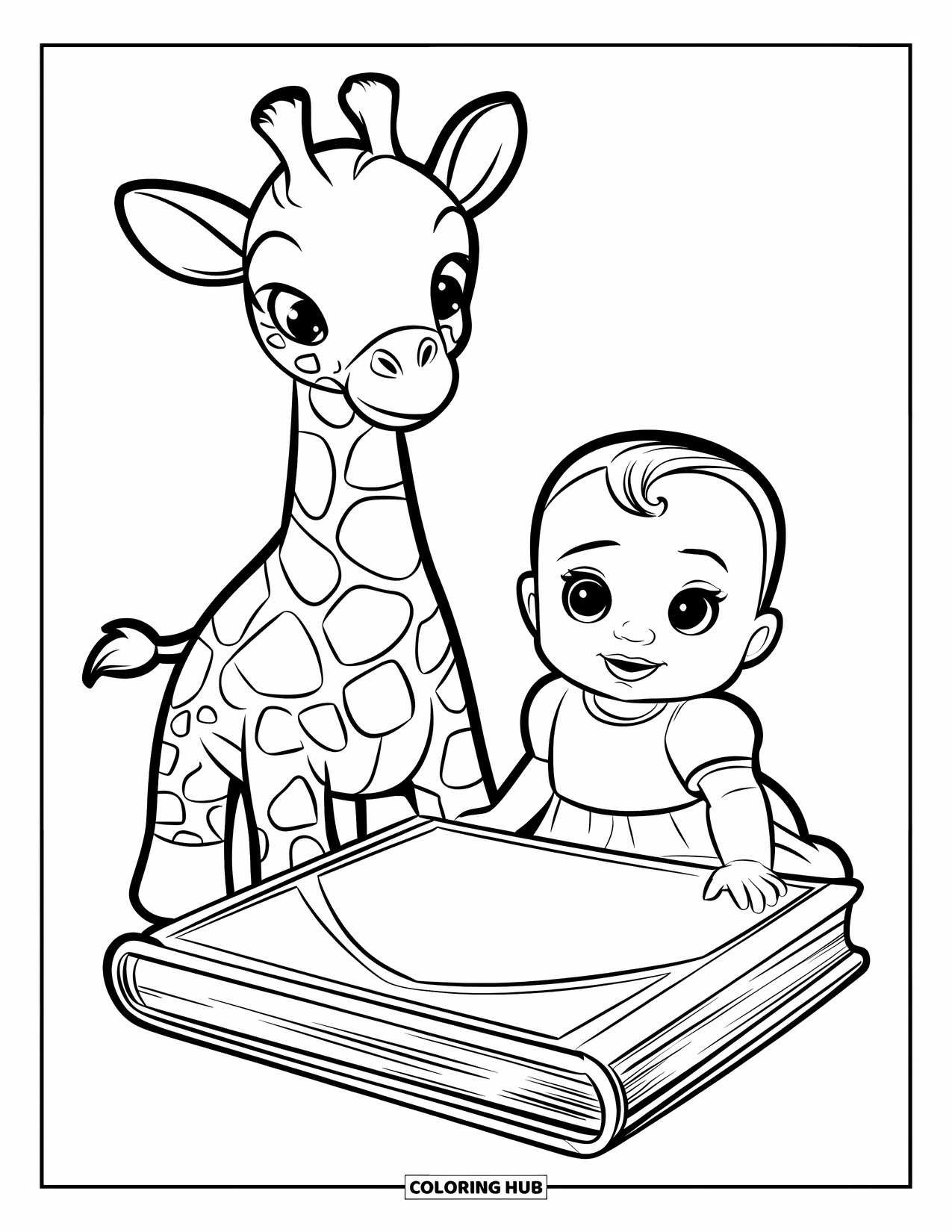 Dibujo para colorear de bebé para niños: Una bebé está sentada junto a un libro de imágenes y una jirafa de peluche