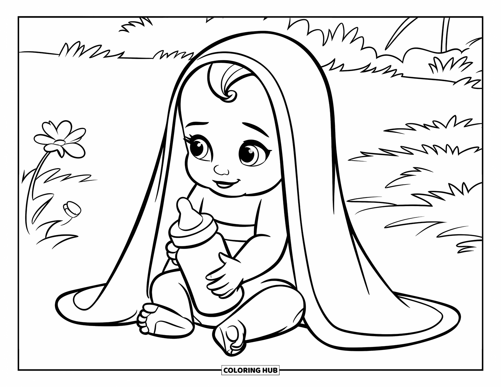 Dibujo para colorear de bebé para niños: Una bebé está sentada en un campo con una manta sobre su cabeza, sosteniendo un biberón