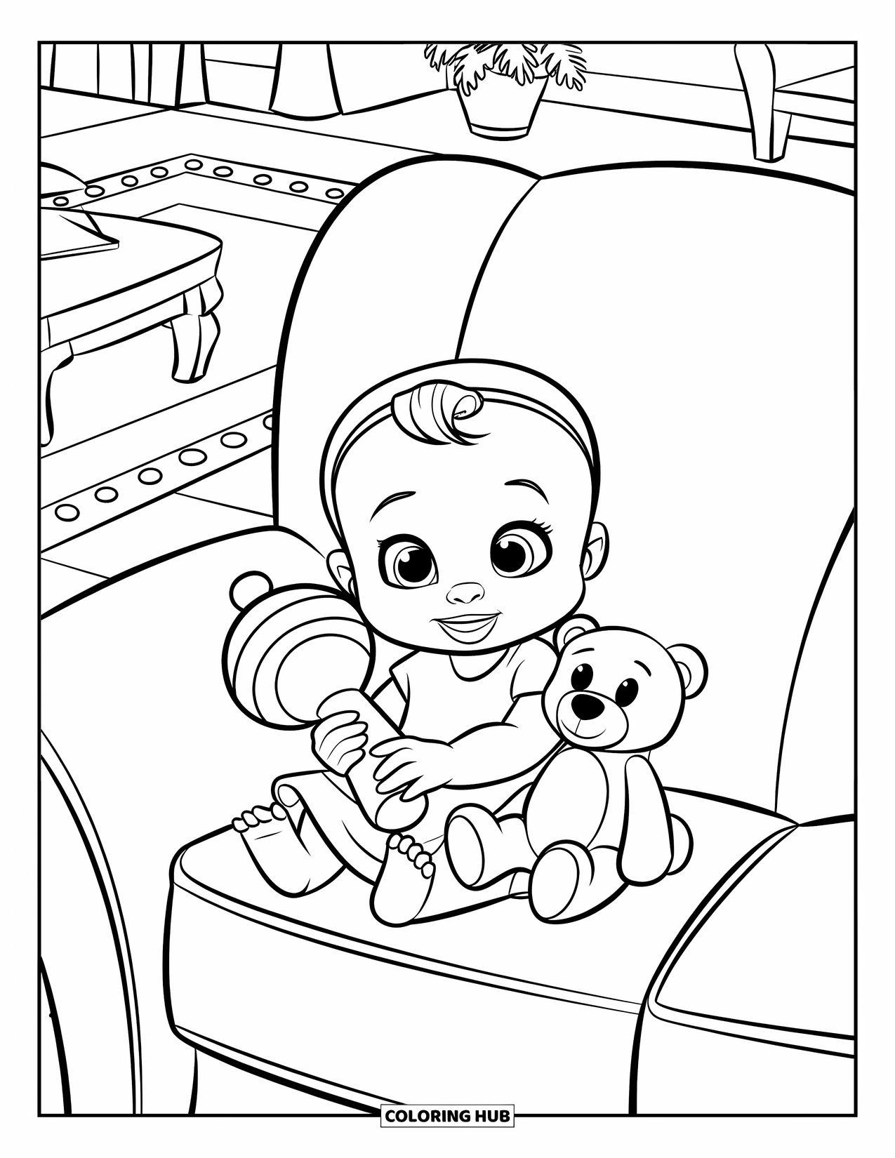 Dibujo para colorear de bebé para niños: Una bebé está sentada en un sofá acogedor con un oso de peluche y un juguete de sonajero grande