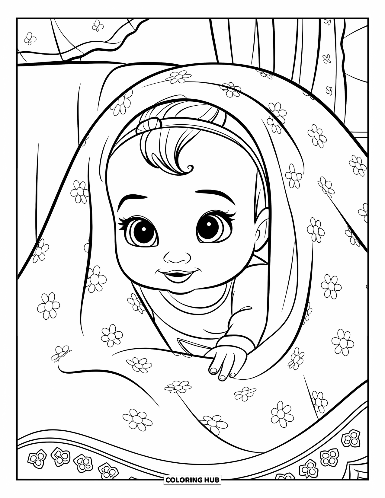 Dibujo para colorear de bebé para niños: Una bebé con una diadema se esconde detrás de una manta con estampado floral