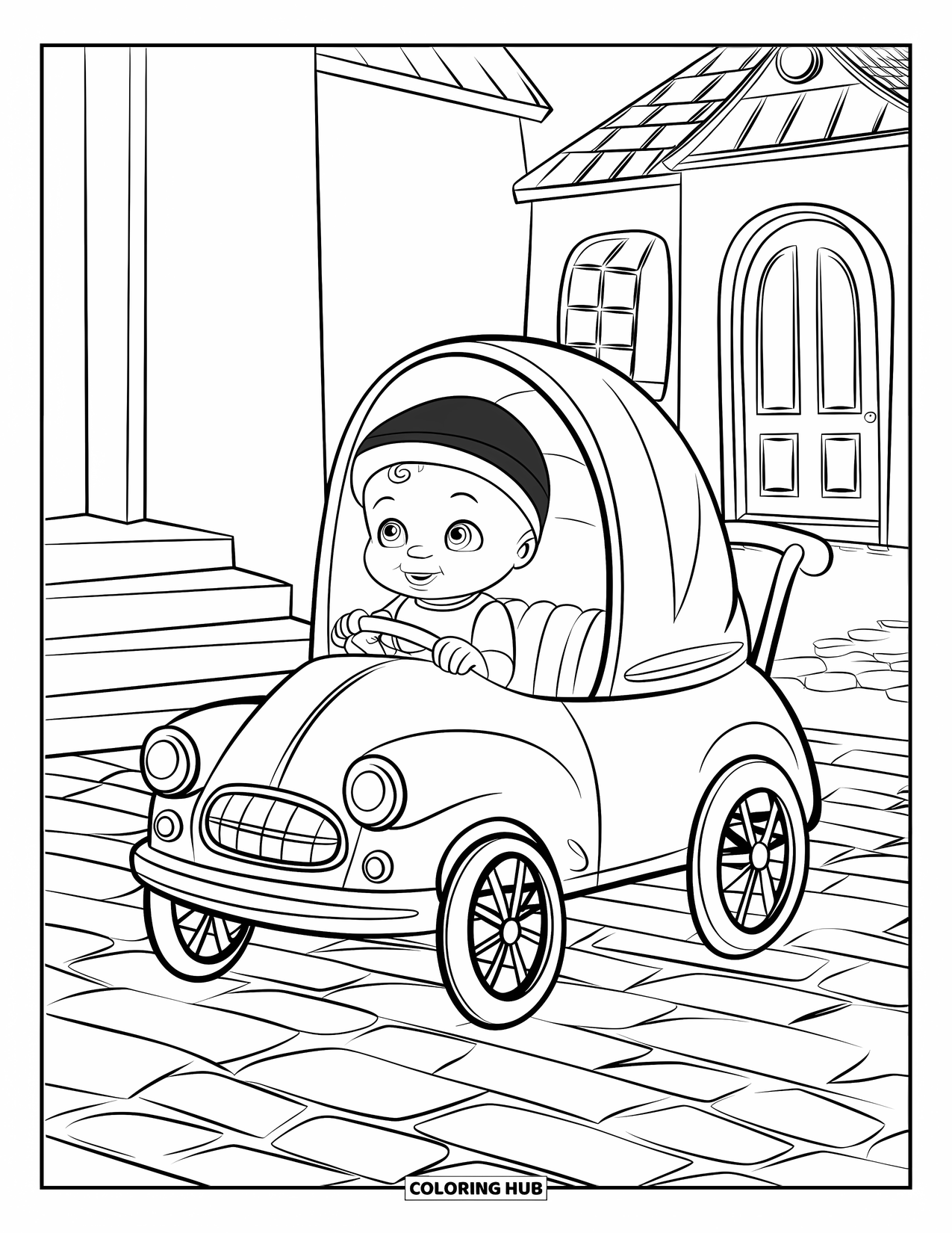 Dibujo para colorear de bebé para niños: Un bebé en un cochecito con forma de coche viaja por un camino de adoquines cerca de una casa