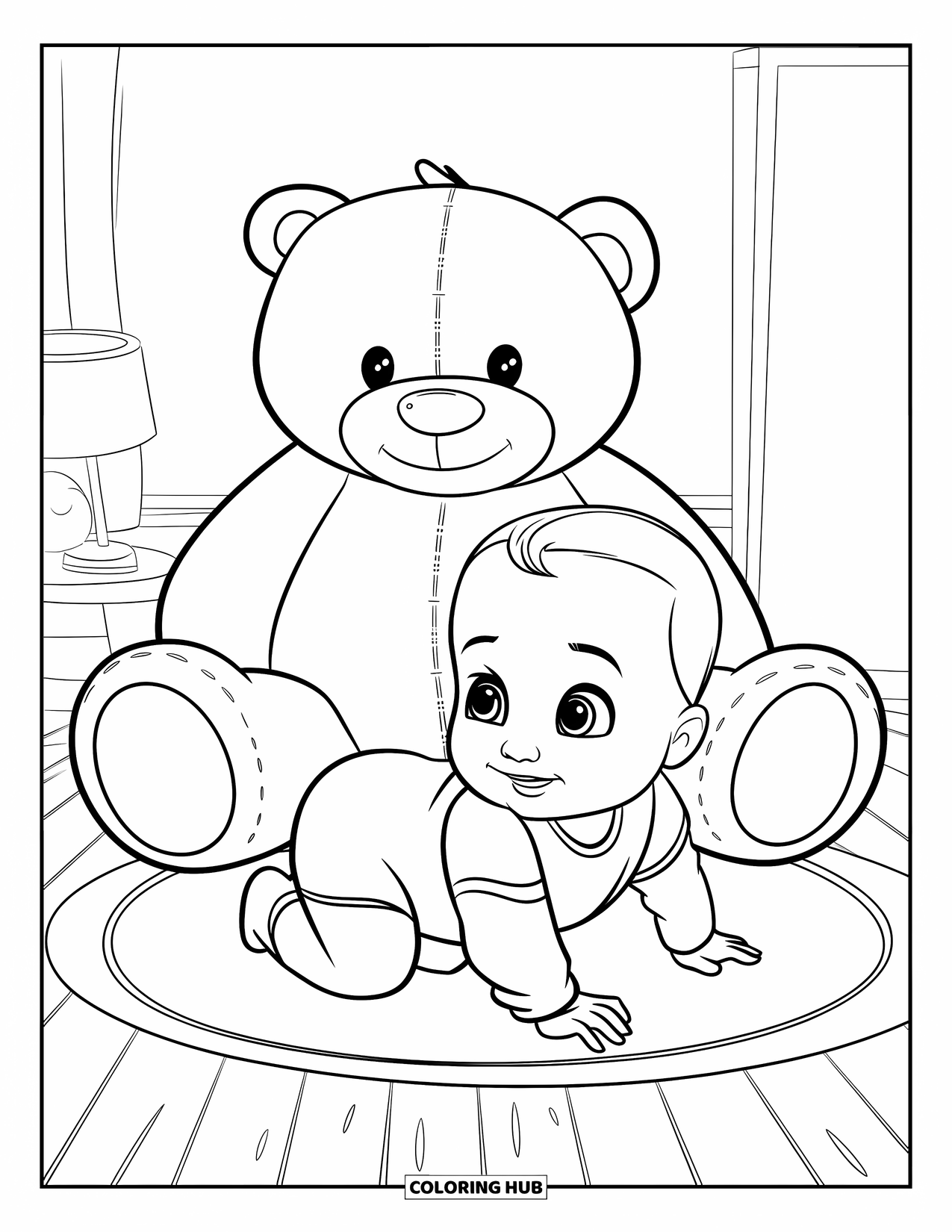 Dibujo para colorear de bebé para niños: Un bebé en un mameluco gatea junto a un oso de peluche en una habitación acogedora