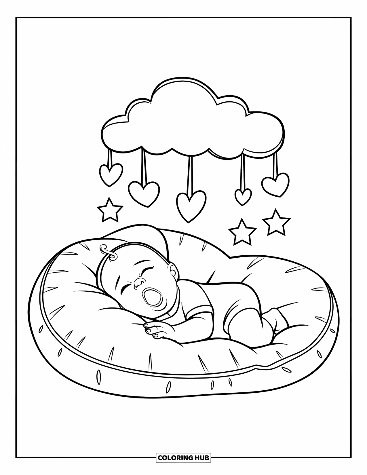 Dibujo para colorear de bebé para niños: Un bebé en un mameluco bosteza bajo un móvil de corazones y estrellas