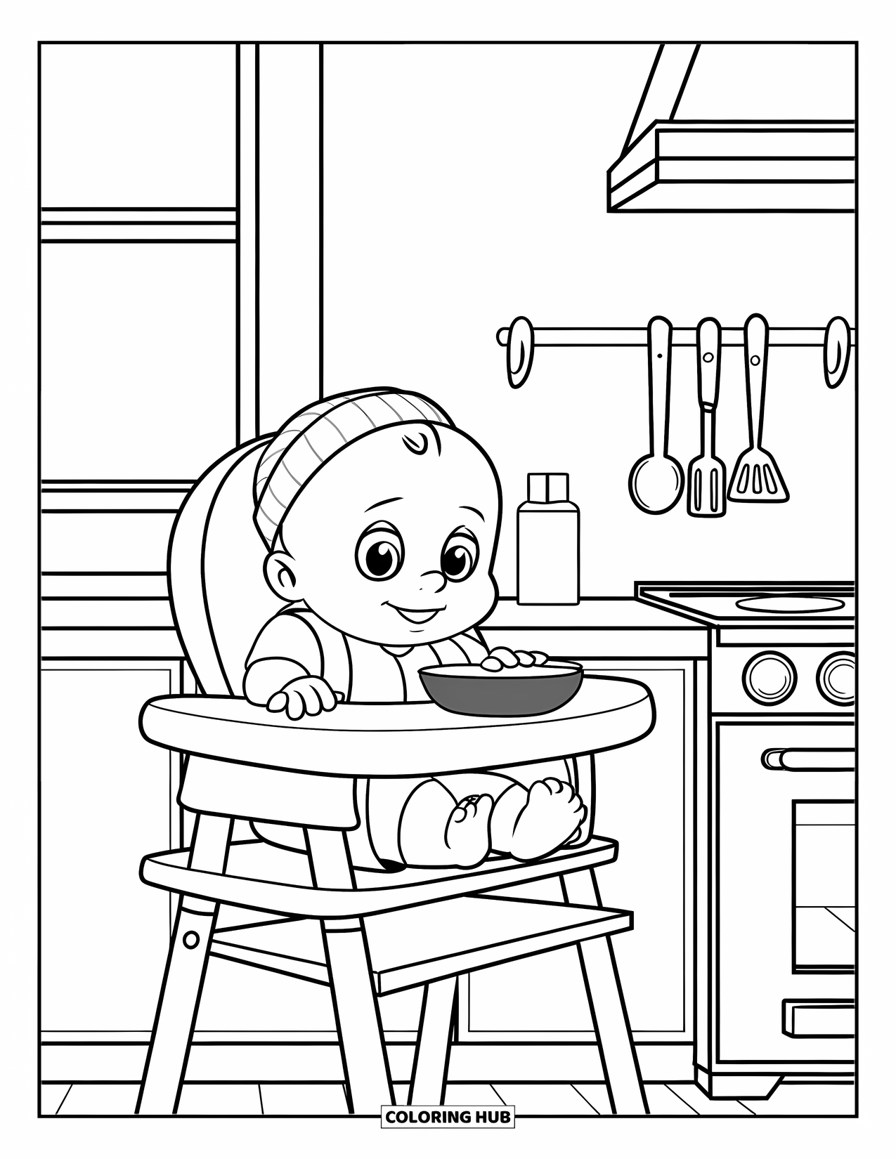 Dibujo para colorear de bebé para niños: Un bebé está sentado en una trona en una cocina, listo para comer con un tazón en frente