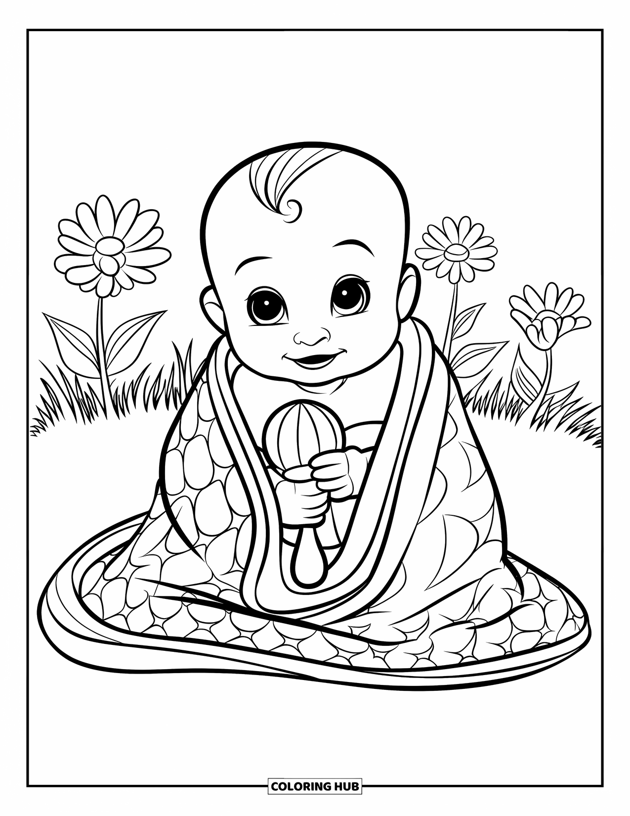 Dibujo para colorear de bebé para niños: Un bebé está sentado en el césped con un sonajero y flores alrededor