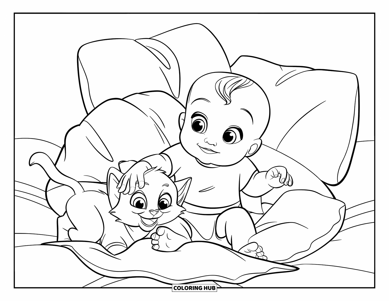 Dibujo para colorear de bebé para niños: Un bebé está sentado con almohadas suaves y un gatito juguetón cerca