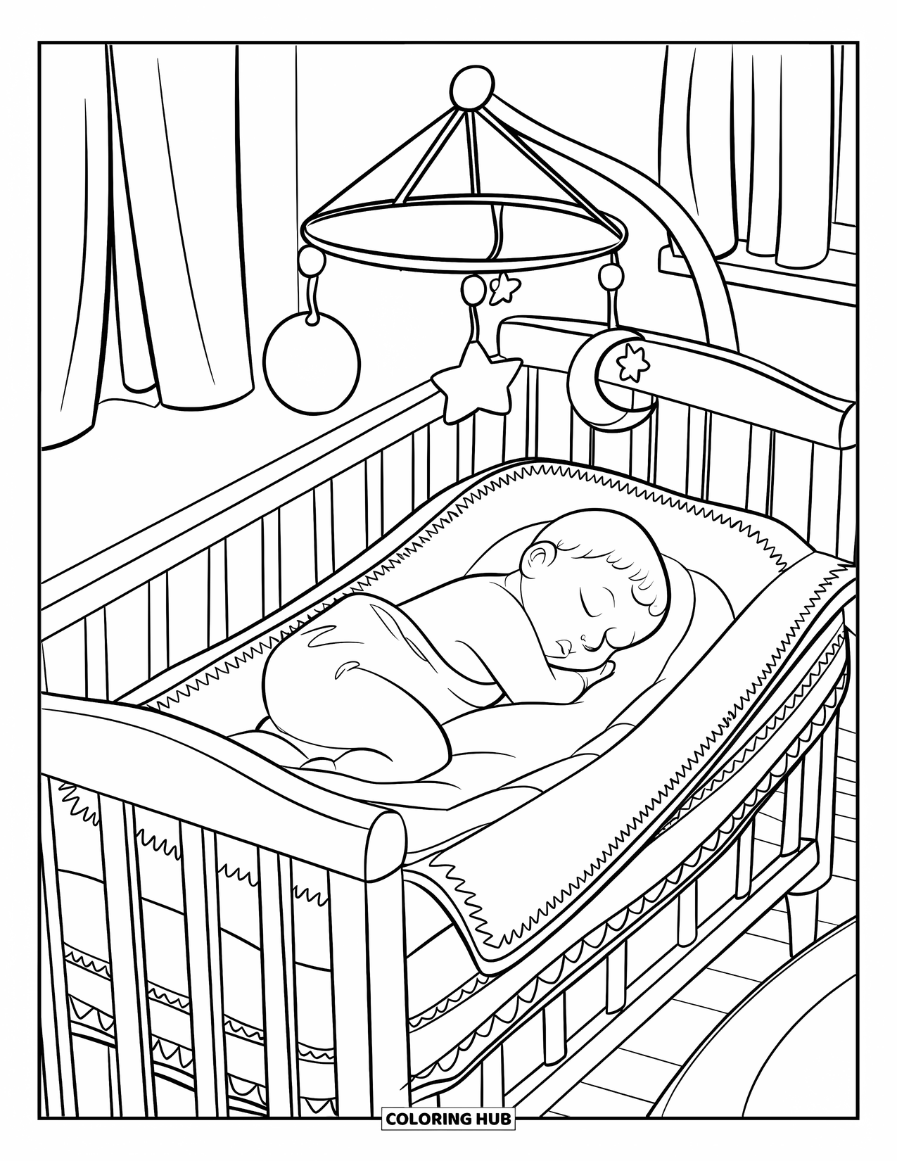 Dibujo para colorear de bebé para niños: Un bebé duerme en una cuna acogedora bajo un móvil con estrellas y lunas