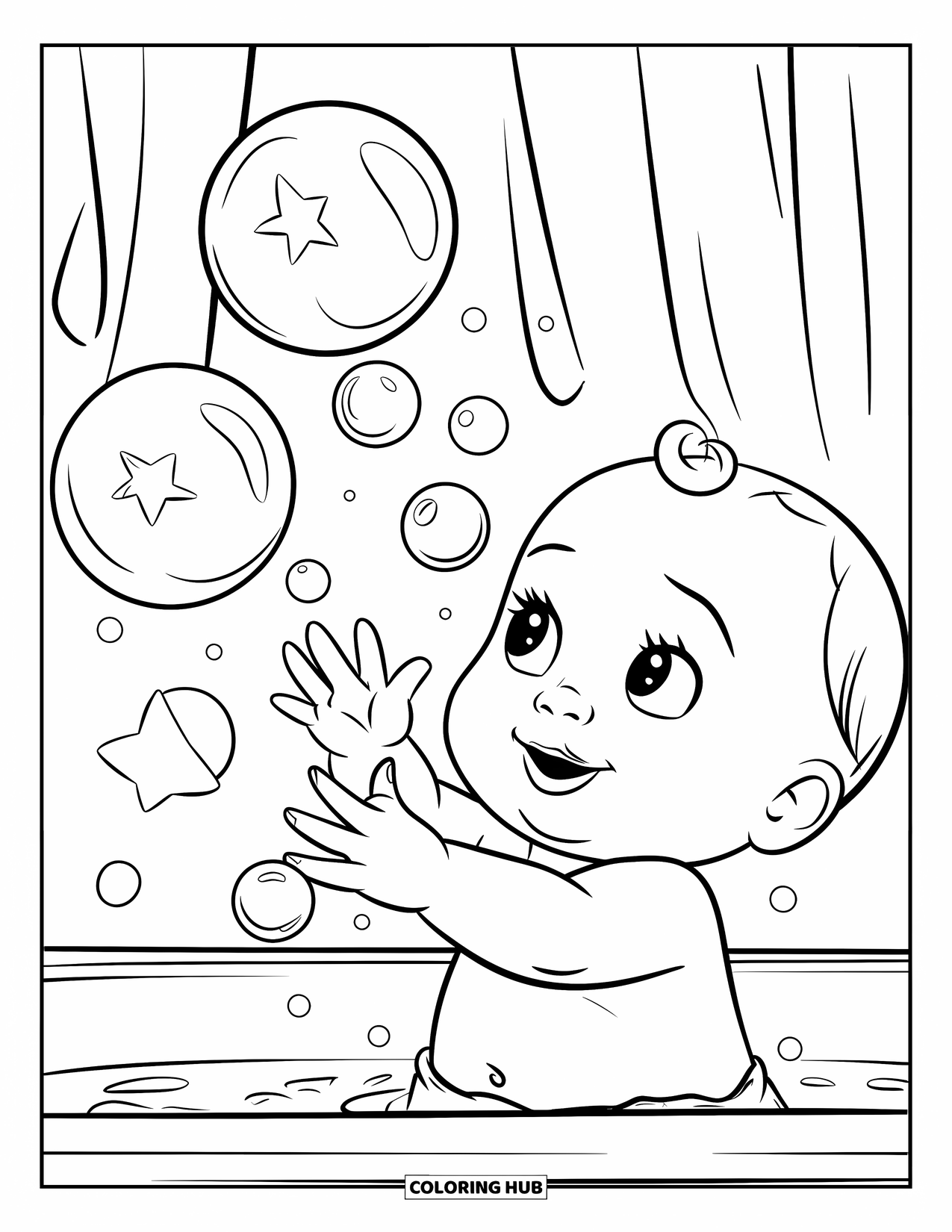 Dibujo para colorear de bebé para niños: Un bebé sonríe y trata de alcanzar estrellas burbujeantes durante la hora del baño
