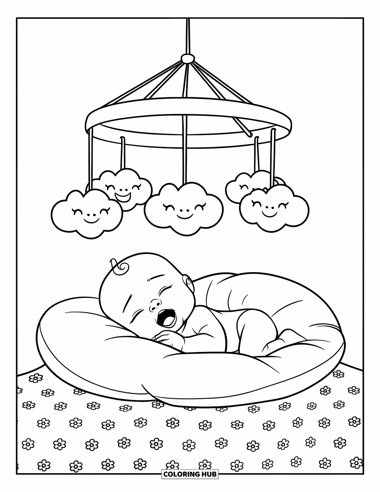 Dibujo para colorear de bebé para niños: Un bebé con cara de sueño está acostado sobre una almohada de felpa bajo una decoración de nubes sonrientes