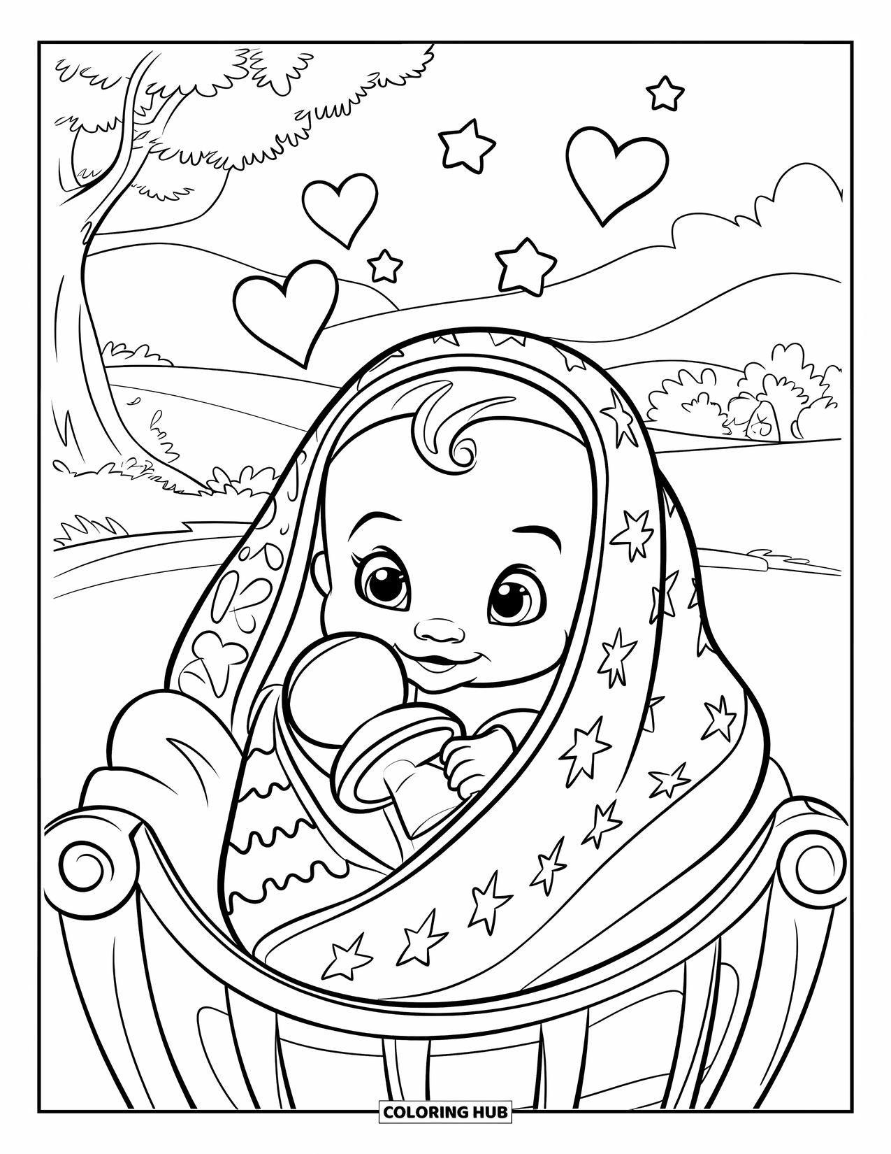 Dibujo para colorear de bebé para niños: Un bebé acogedor en una cuna sostiene un sonajero bajo un cielo de ensueño