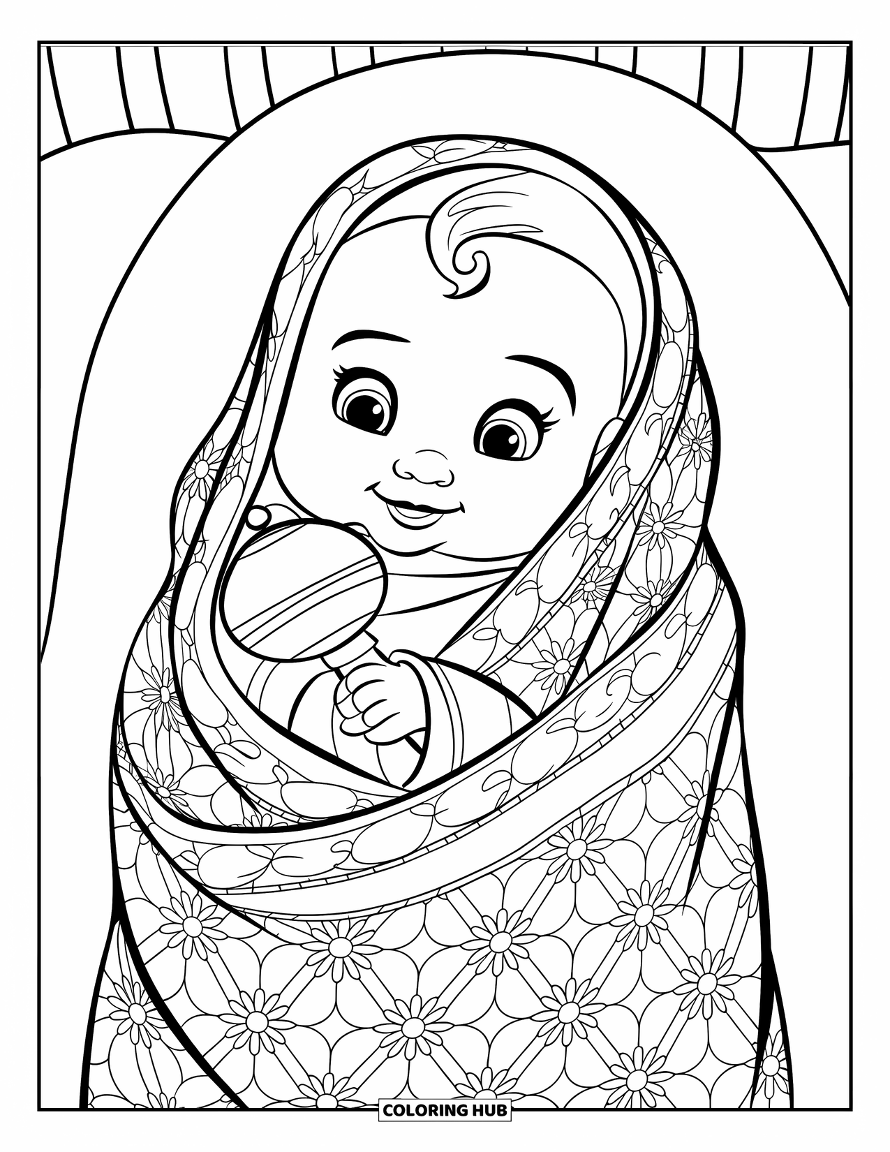 Dibujo para colorear de bebé para niños: Un bebé lindo con una manta floral juega con un sonajero