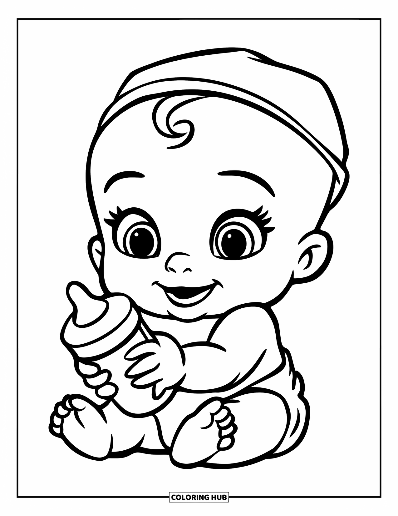 Dibujo para colorear de bebé para niños: Un bebé sonriente con un biberón está sentado sobre un fondo blanco