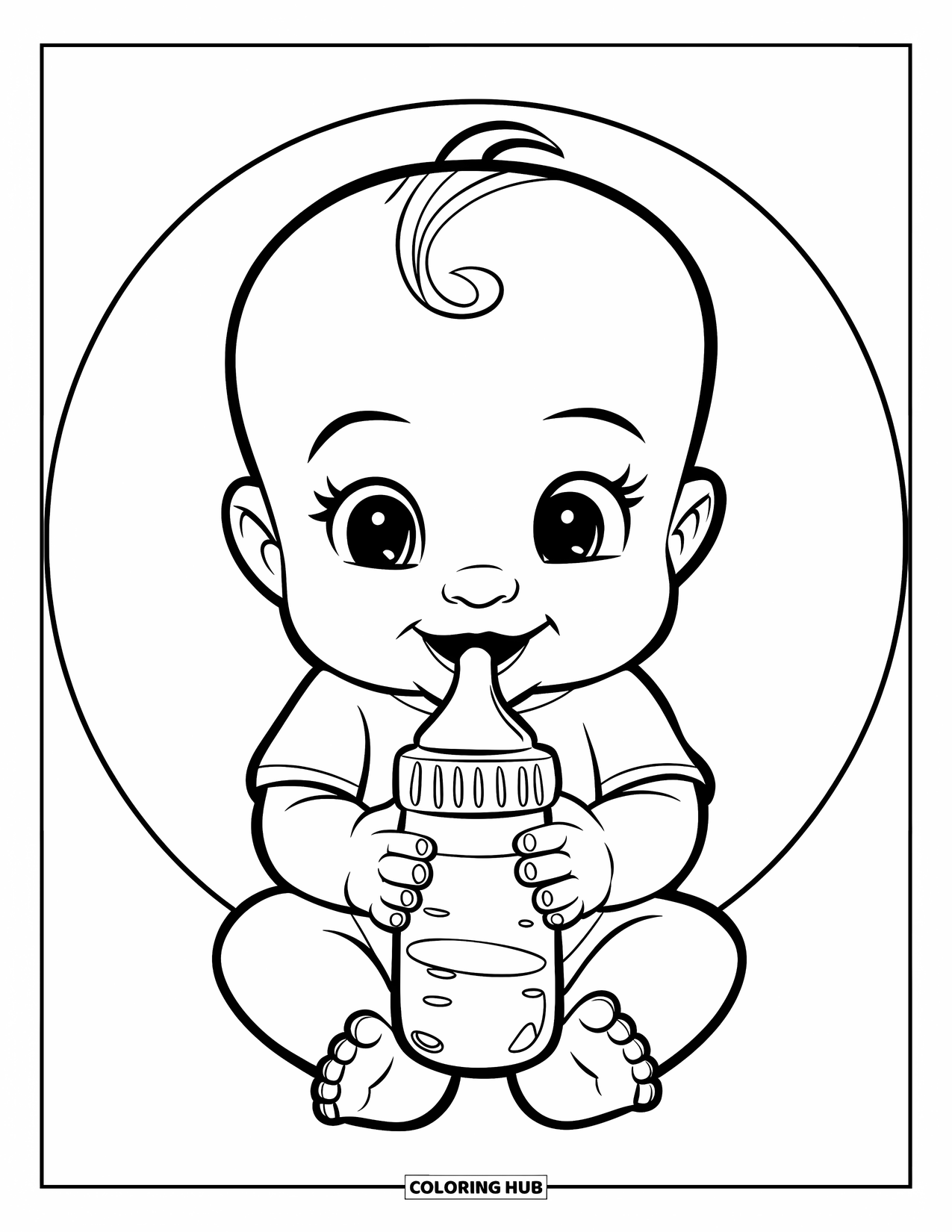 Dibujo para colorear de bebé para niños: Un bebé sonriente sostiene un biberón con pequeñas manos sobre un fondo blanco limpio