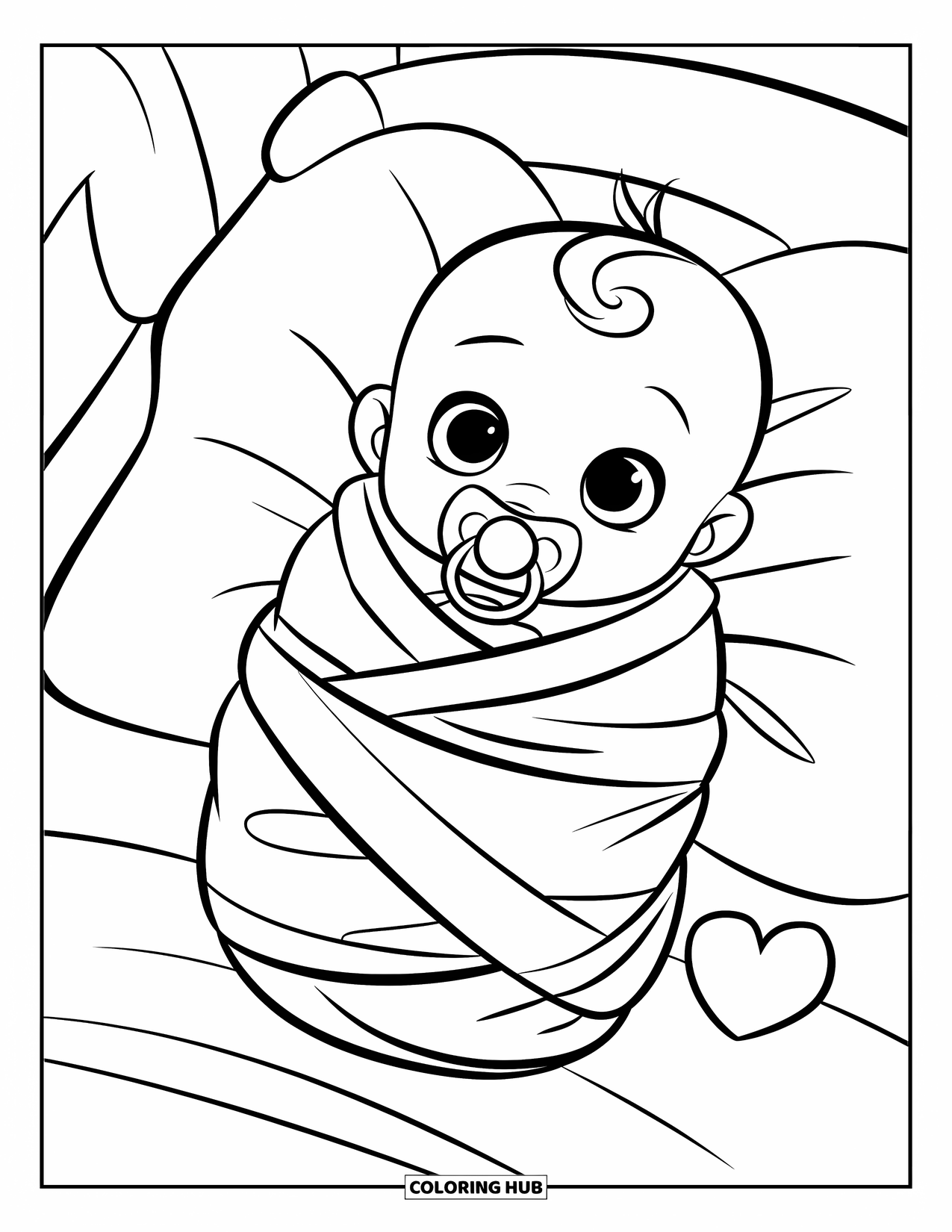 Dibujo para colorear de bebé para niños: Un bebé envuelto en una manta yace en una cama con un chupete y un objeto en forma de corazón cerca