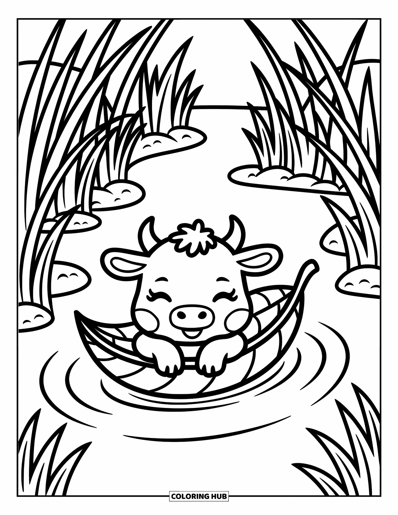 Baby Cow Coloring Page for Adults: A baby cow drifts peacefully in a leaf boat beneath arching grass