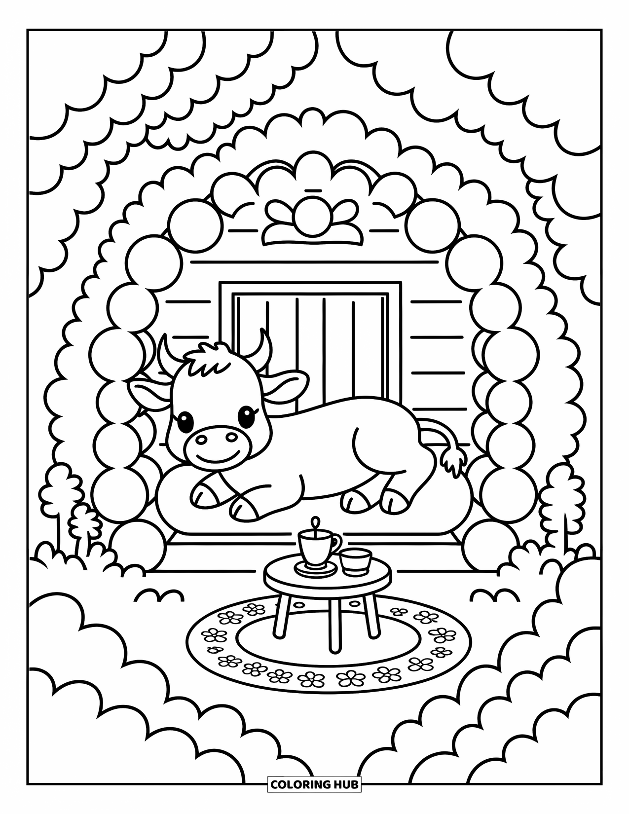 Baby Cow Coloring Page for Adults: A baby cow enjoys tea inside a cozy log cabin with soft grass and tiny trees
