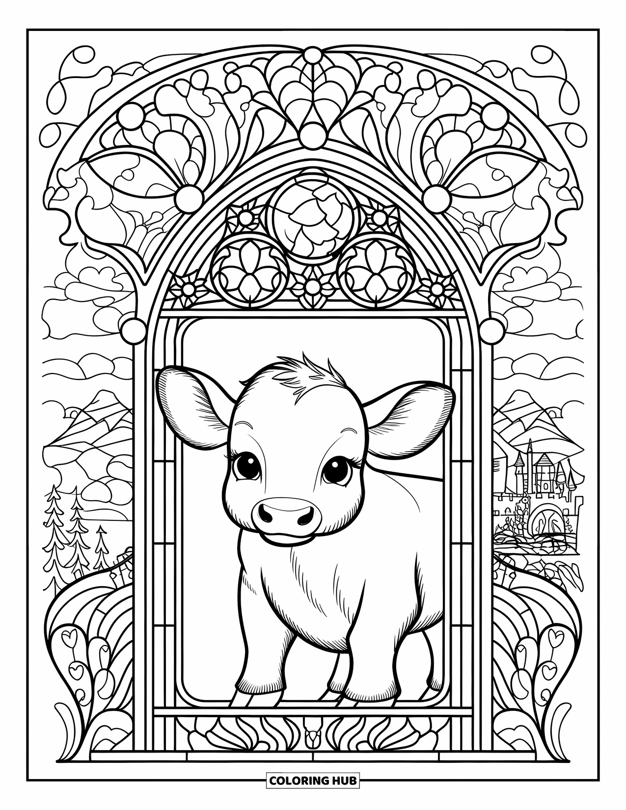 Baby Cow Coloring Page for Adults: A baby cow is framed by a cathedral window with a mountain and castle scene