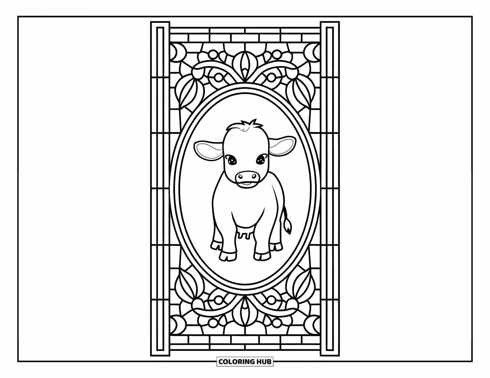 Baby Cow Coloring Page for Adults: A baby cow is framed by a floral stained glass oval on a simple white backdrop