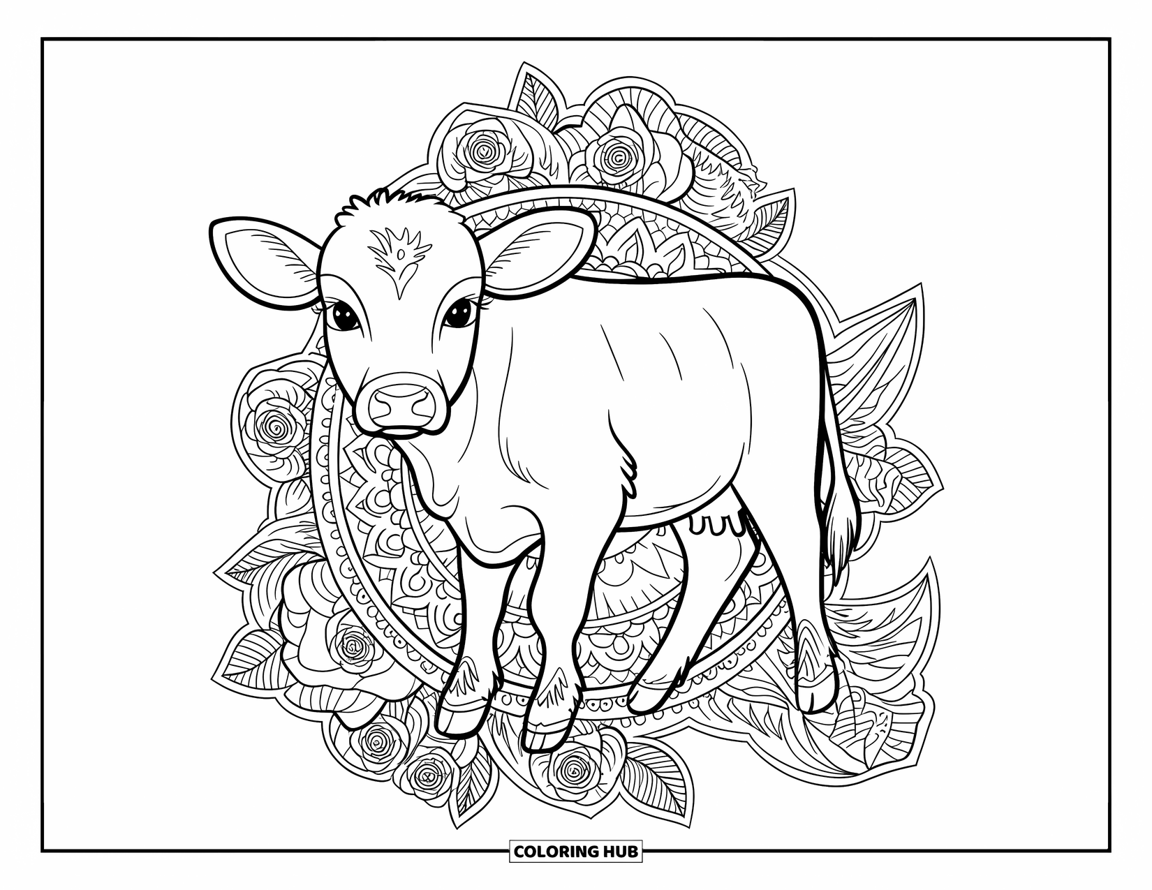 Baby Cow Coloring Page for Adults: A baby cow is framed by blooming roses and filigree in a detailed floral layout