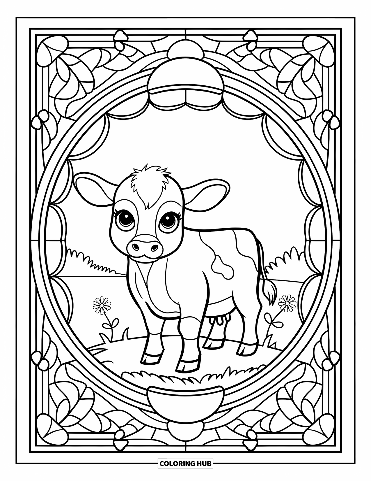 Baby Cow Coloring Page for Adults: A baby cow is framed by floral stained glass panes in a quiet grassy field