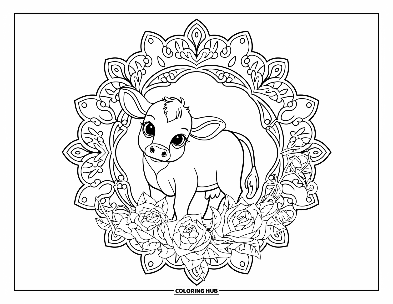 Baby Cow Coloring Page for Adults: A baby cow is nestled among mandala roses, vines, and filigree swirls