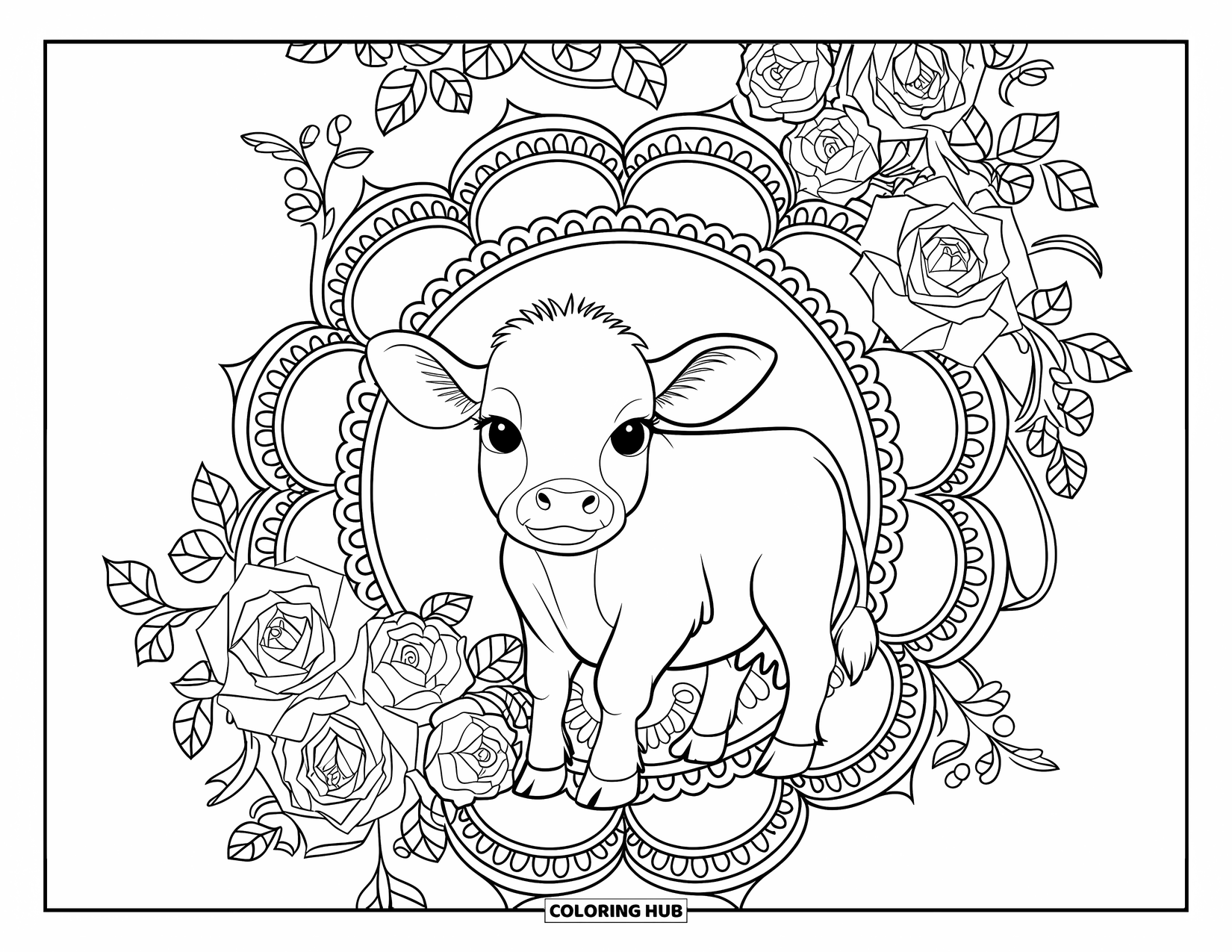 Baby Cow Coloring Page for Adults: A baby cow is surrounded by filigree, blooming roses, and swirling vines