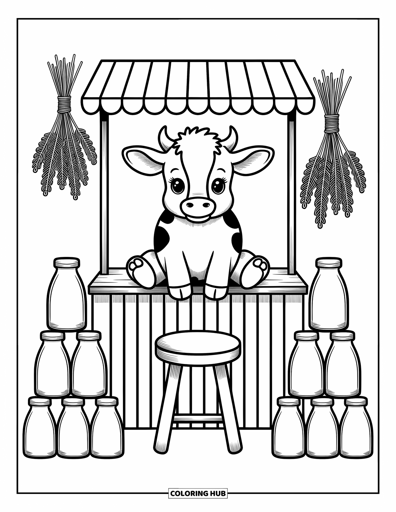 Baby Cow Coloring Page for Adults: A baby cow leans on a counter at a tiny market filled with herbs and milk