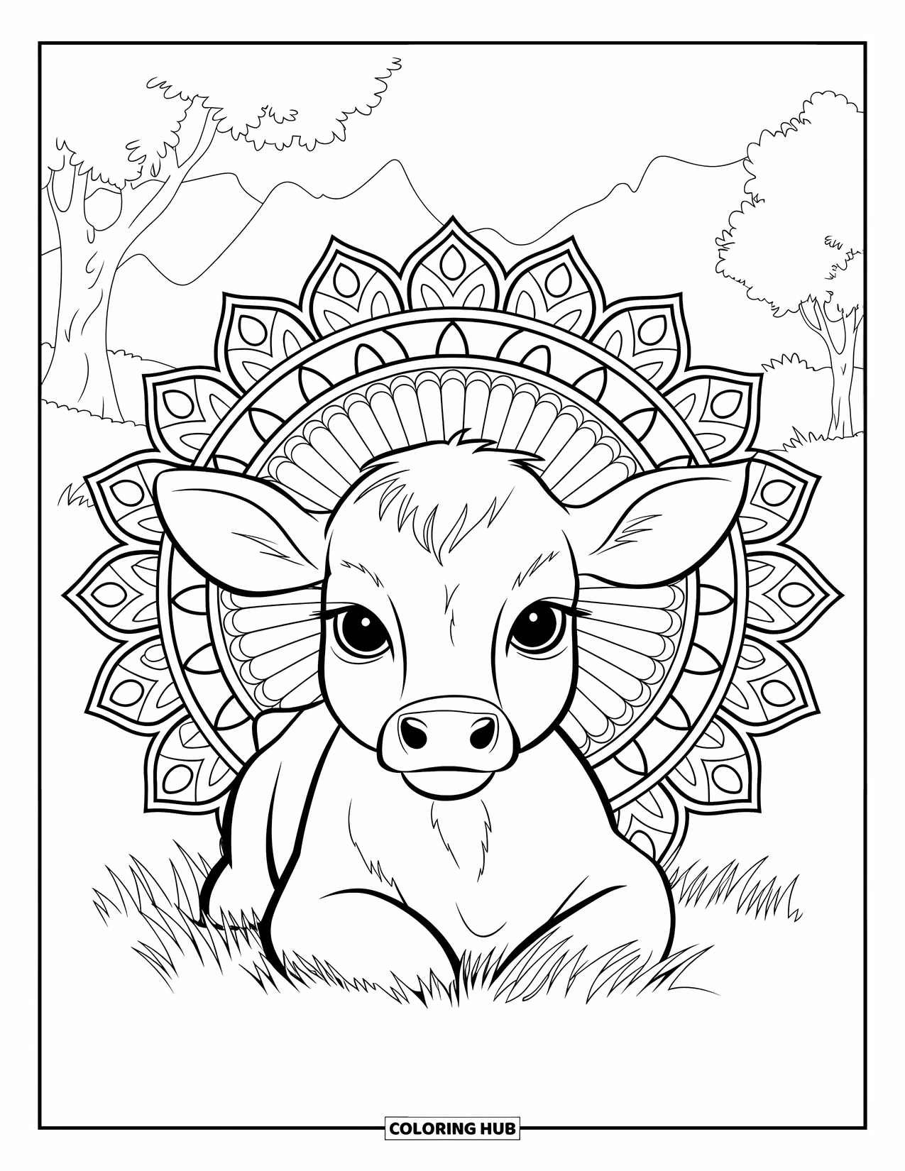 Baby Cow Coloring Page for Adults: A baby cow lies beneath a halo mandala with trees and mountains nearby