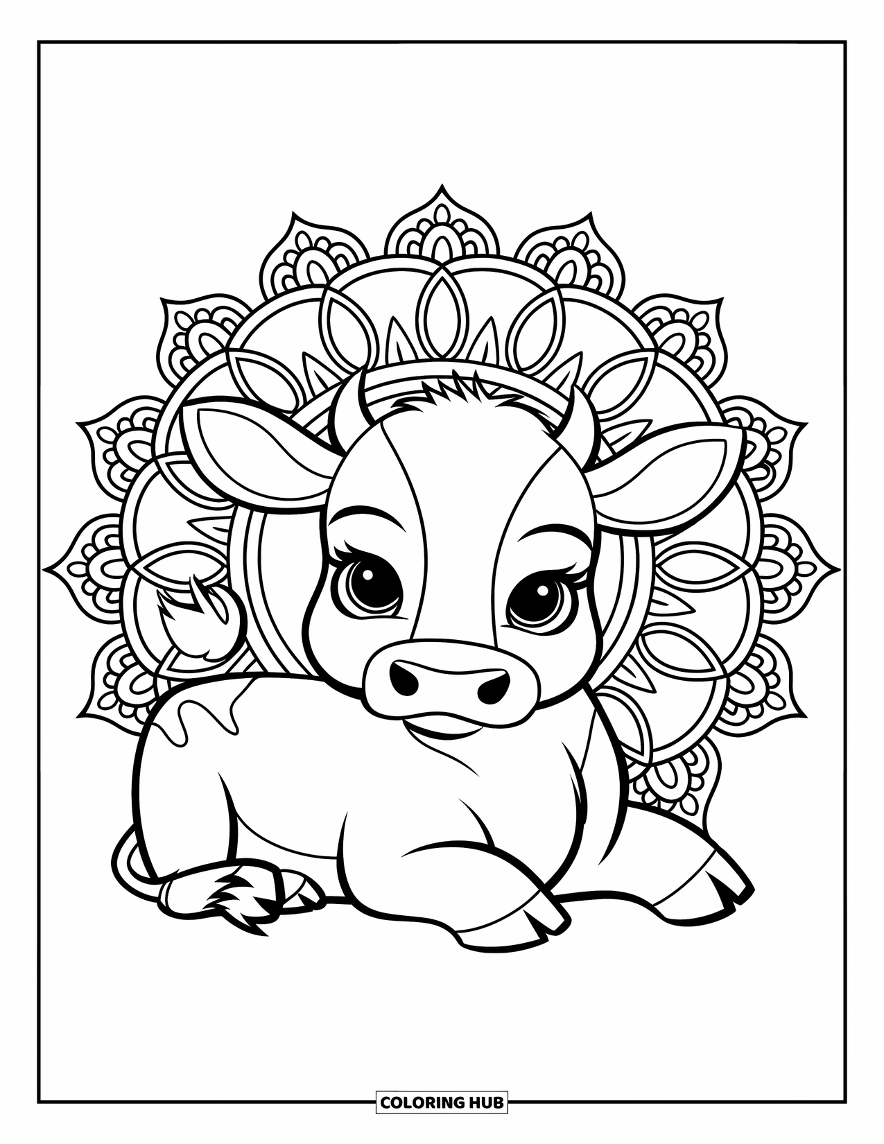 Baby Cow Coloring Page for Adults: A baby cow lies peacefully with a mandala halo and lace-style borders