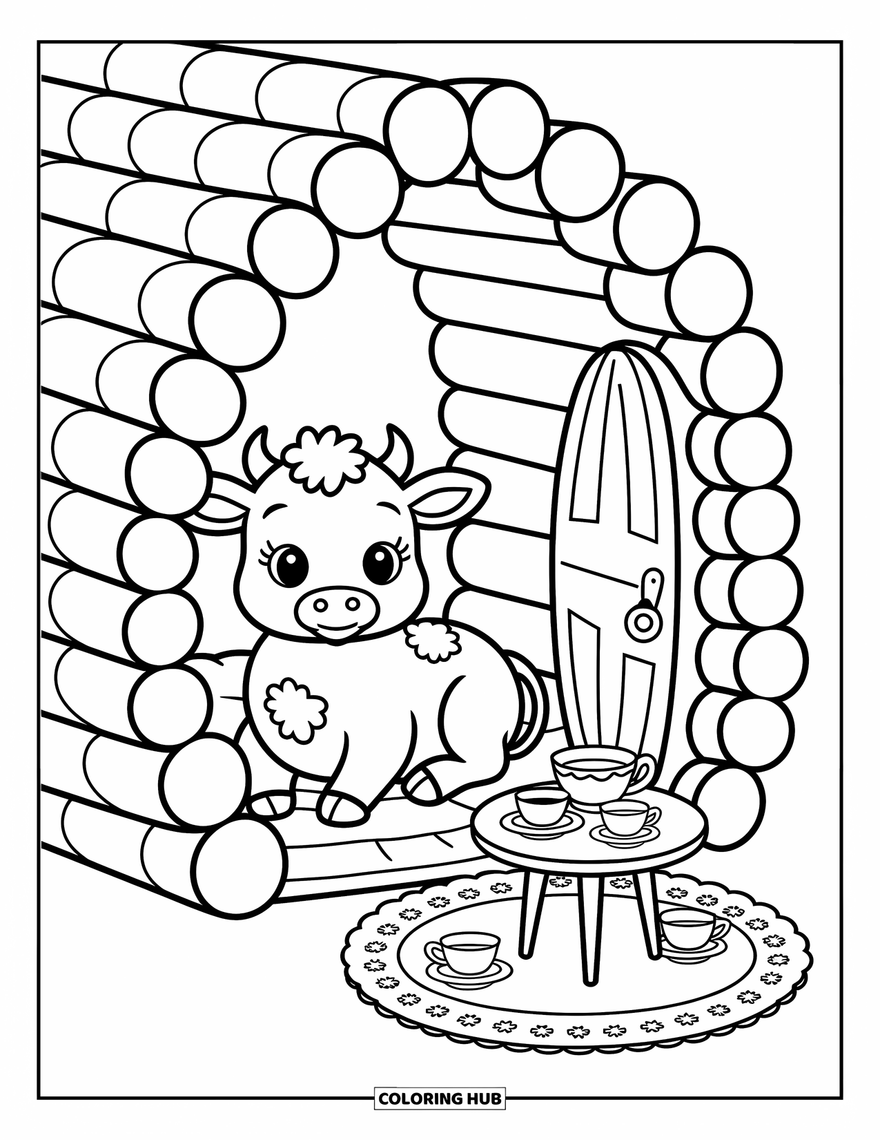 Baby Cow Coloring Page for Adults: A baby cow lounges inside a cozy log cabin set for tea with tiny teacups