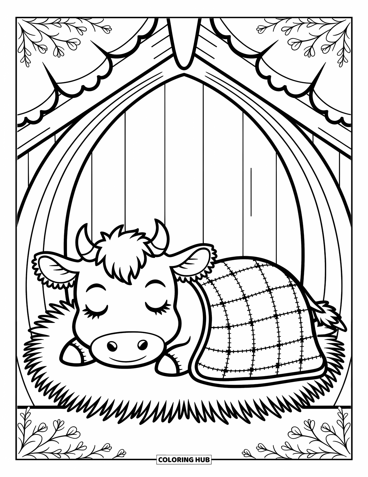 Baby Cow Coloring Page for Adults: A baby cow naps on hay under a patchwork blanket inside a tiny wooden stable