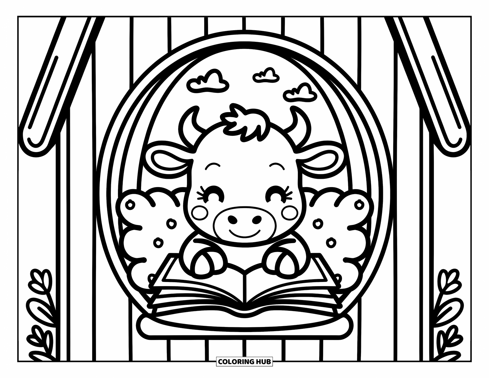 Baby Cow Coloring Page for Adults: A baby cow reads a book while resting in a round farmhouse window seat