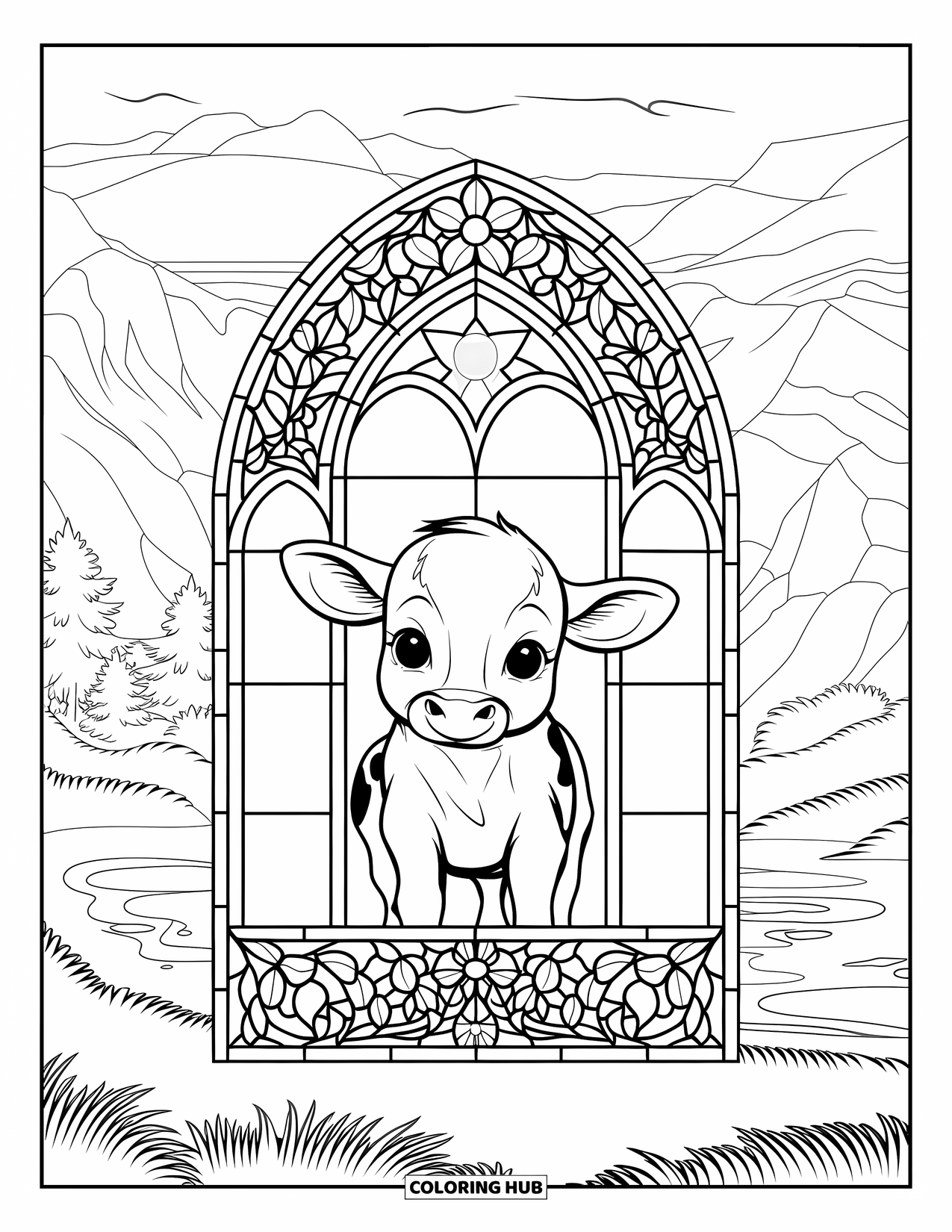 Baby Cow Coloring Page for Adults: A baby cow rests in a floral cathedral frame with mountain views behind