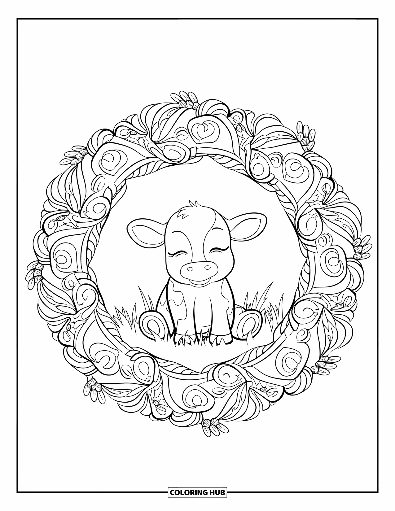 Baby Cow Coloring Page for Adults: A baby cow rests in a flower-filled mandala on a quiet grassy field