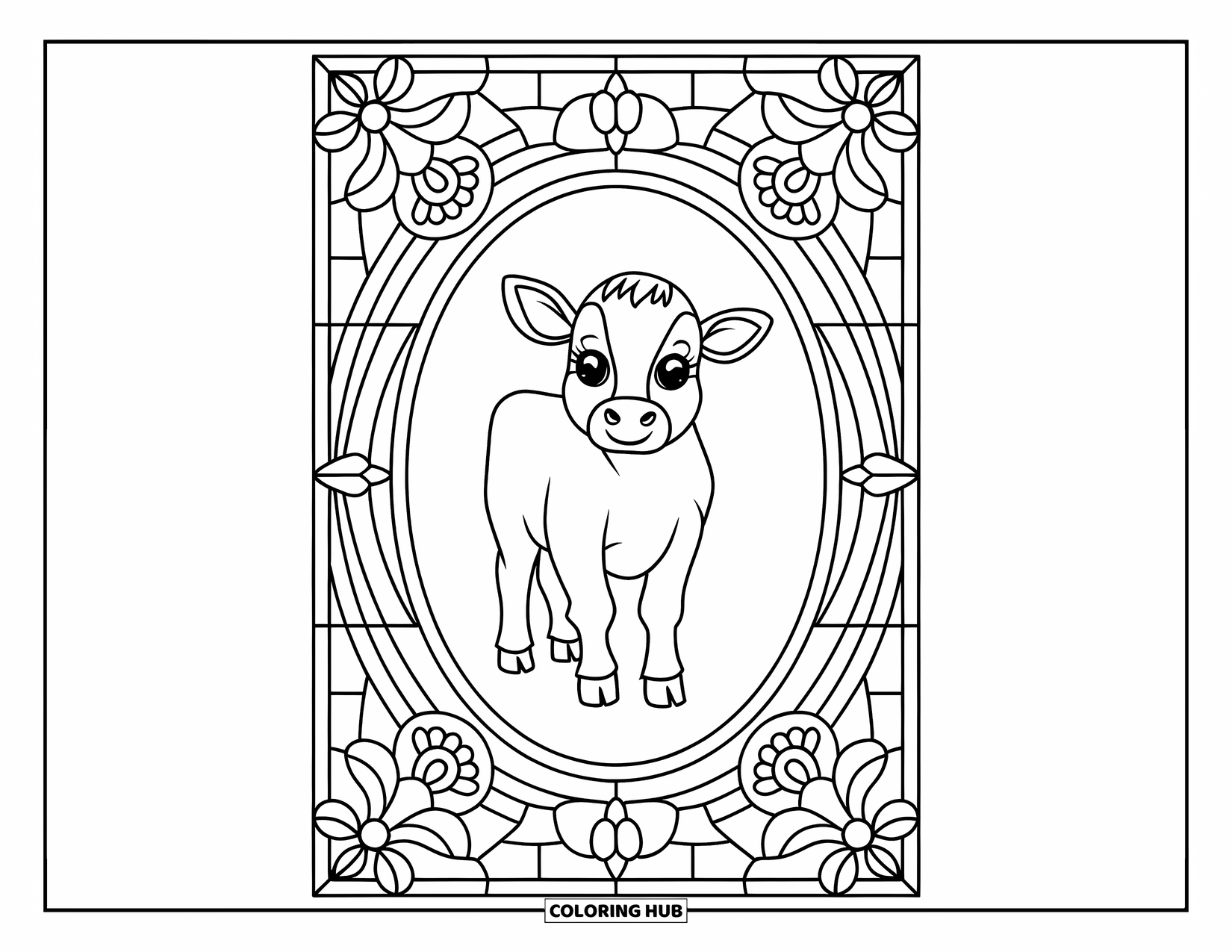 Baby Cow Coloring Page for Adults: A baby cow rests inside an ornate oval surrounded by stained glass floral patterns