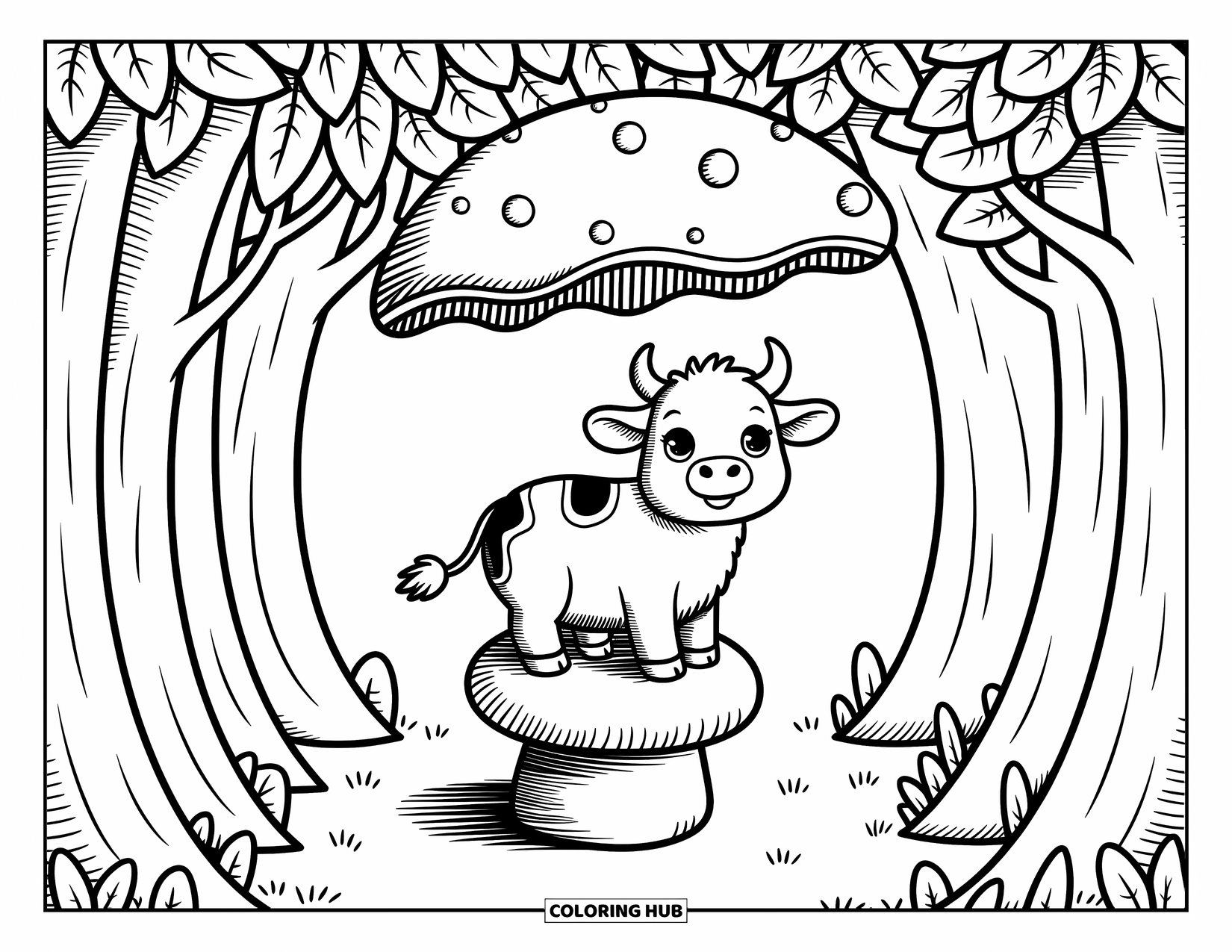 Baby Cow Coloring Page for Adults: A baby cow rests on a mushroom seat under a leafy umbrella in the woods