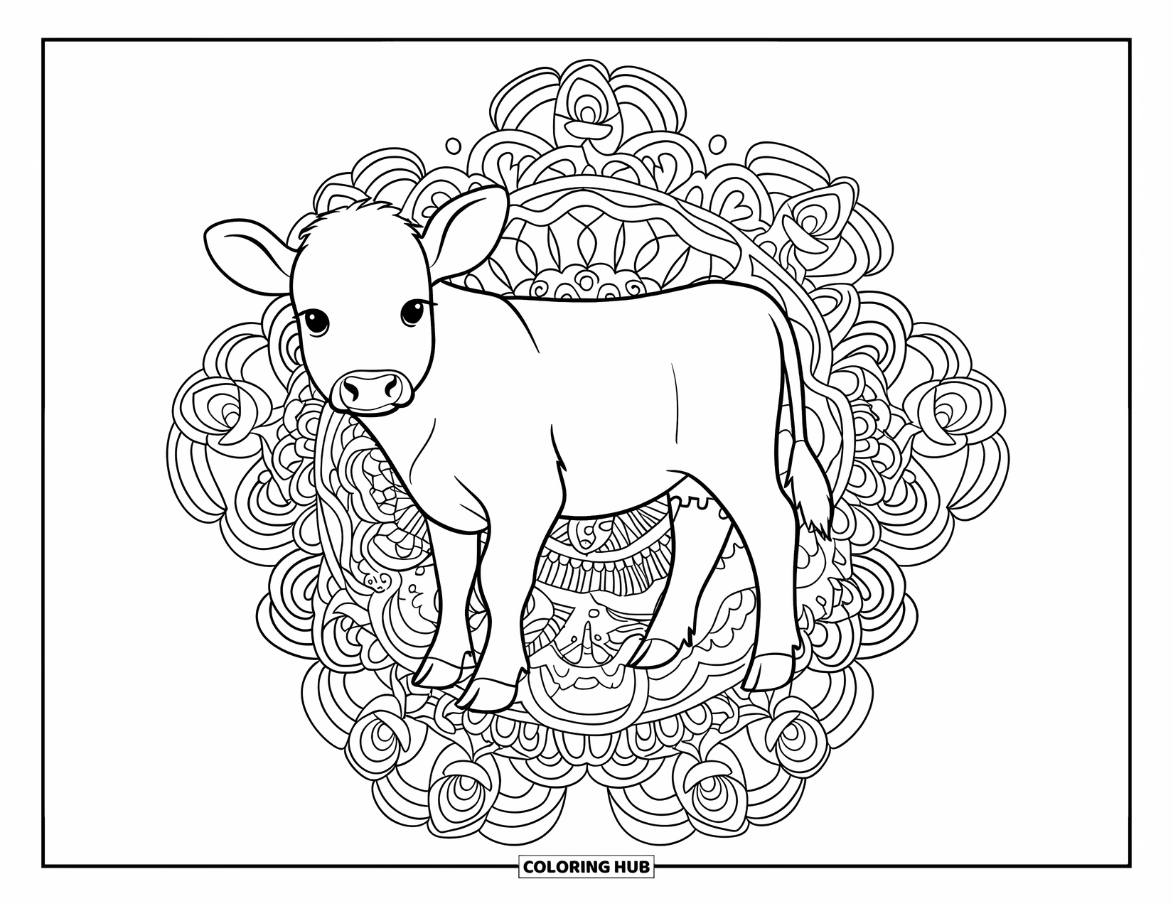 Baby Cow Coloring Page for Adults: A baby cow rests within layers of roses, vines, and delicate filigree designs
