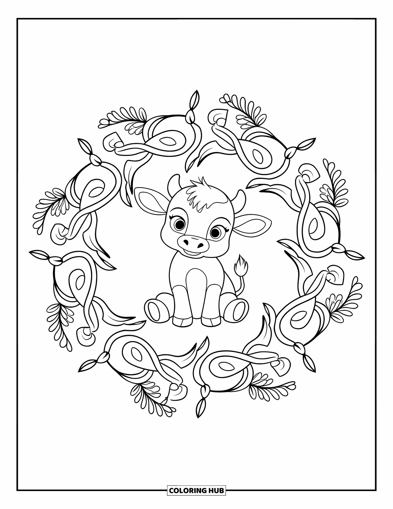 Baby Cow Coloring Page for Adults: A baby cow sits at the center of a round mandala made of vines and petals