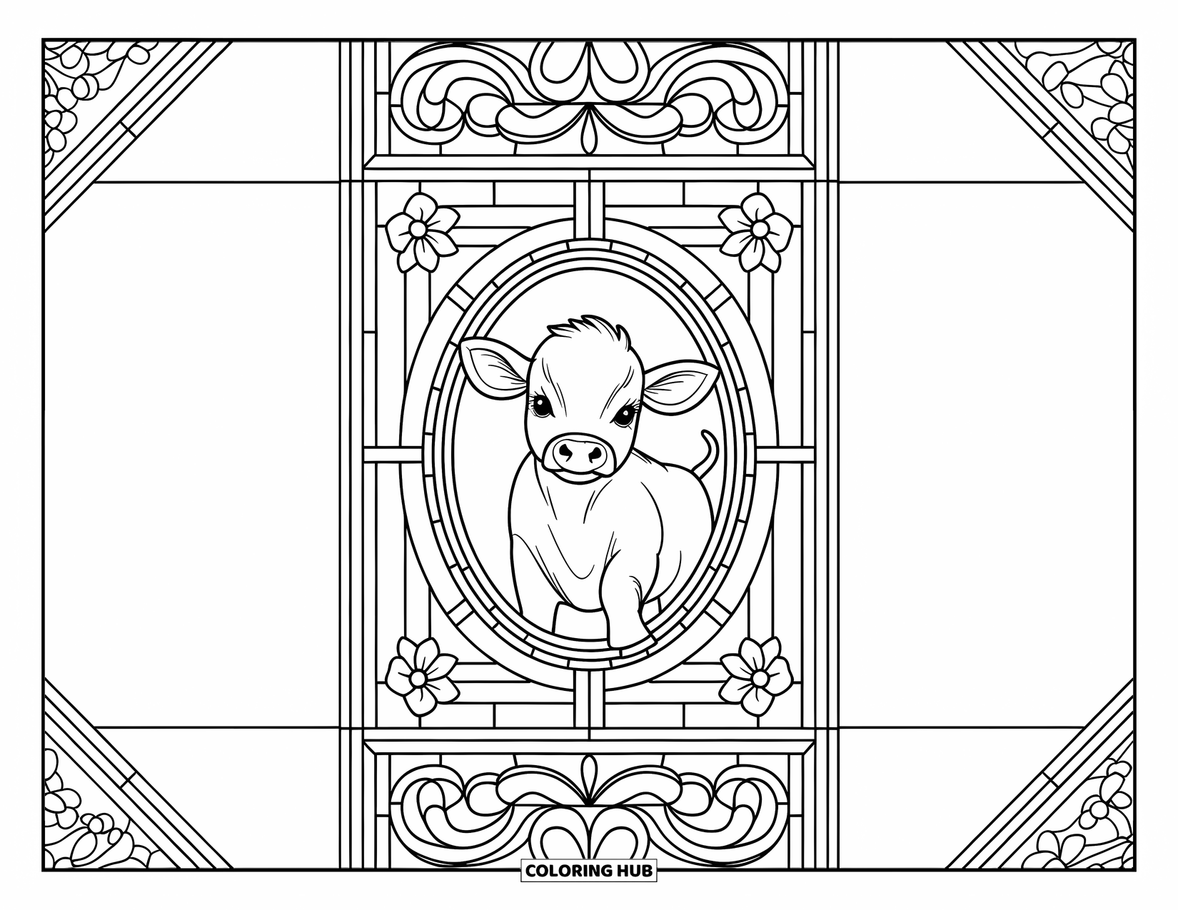 Baby Cow Coloring Page for Adults: A baby cow sits calmly in a floral oval with stained glass tiles around it