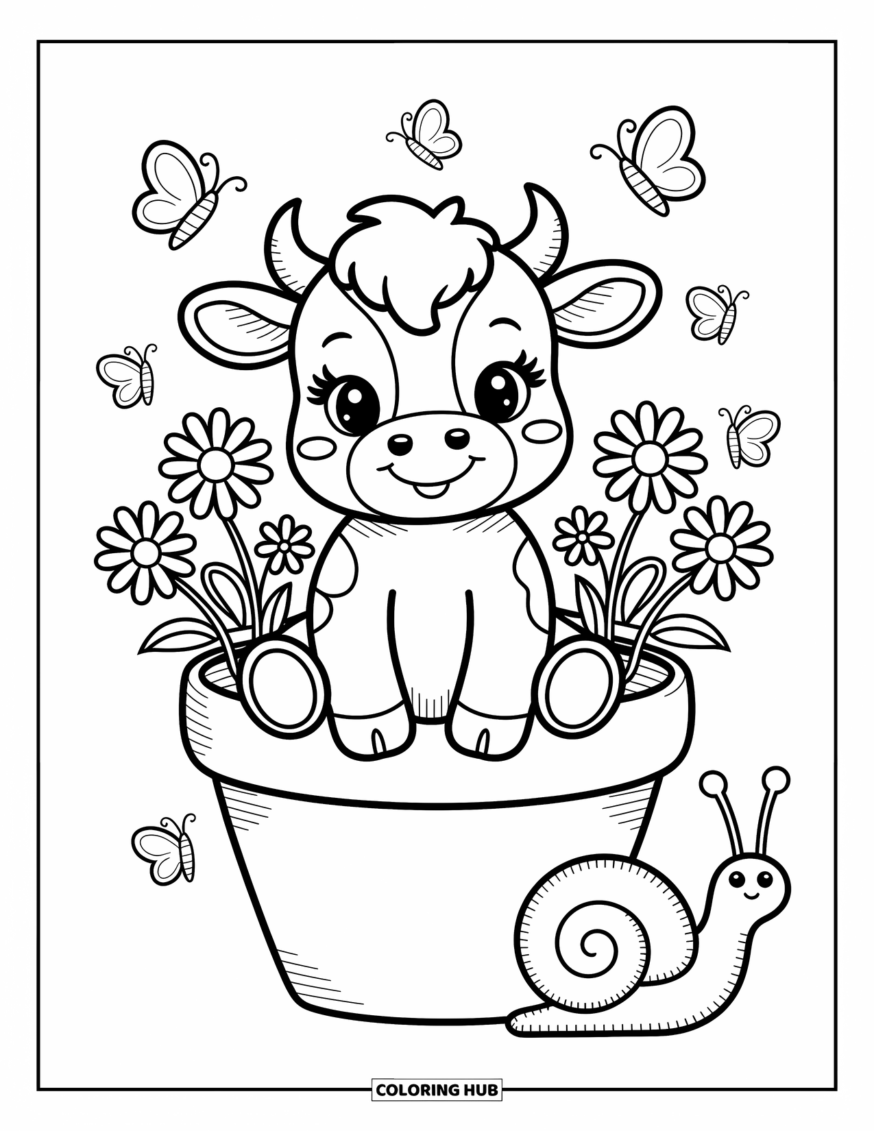 Baby Cow Coloring Page for Adults: A baby cow sits in a cozy flower pot with butterflies and a curious snail