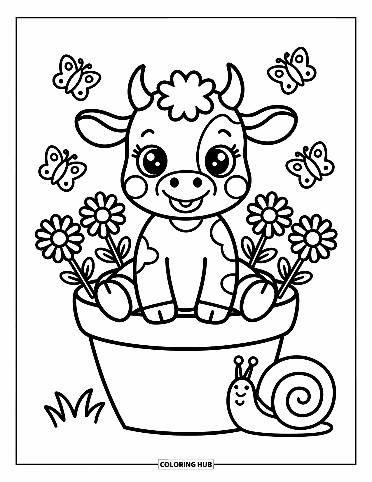 Baby Cow Coloring Page for Adults: A baby cow sits in a flower pot surrounded by daisies and fluttering butterflies