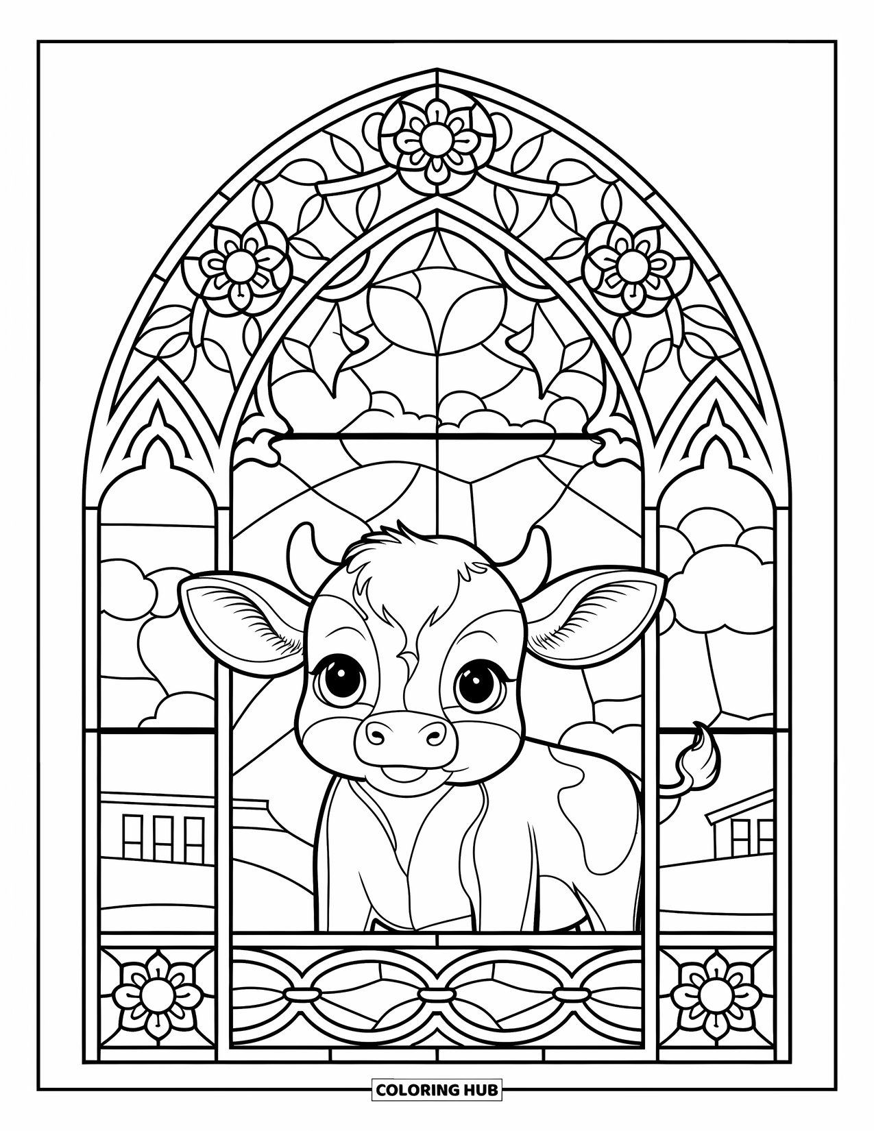 Baby Cow Coloring Page for Adults: A baby cow sits inside a cathedral-style window with stars, flowers, and cloudy skies