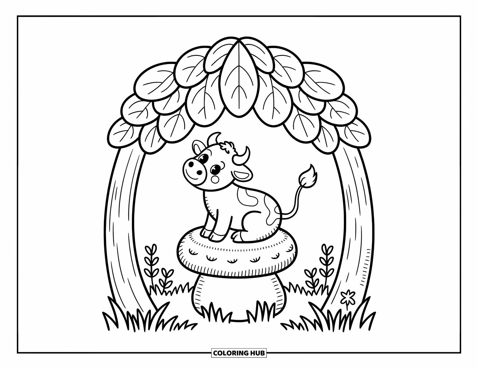 Baby Cow Coloring Page for Adults: A baby cow sits on a mushroom stool under giant leaves in a forest nook